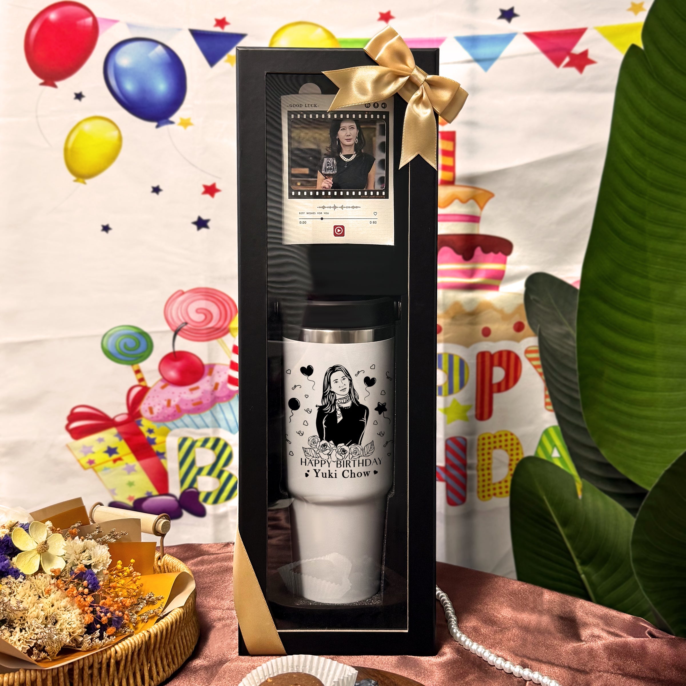 Birthday Gift Box with Recordable Card, Custom-Engraved Large Thermos Cup & Personalized Voice Message - Surprise Birthday Present Personalized Mug, Voice Card, Custom Gift, Birthday Gift DY01-414