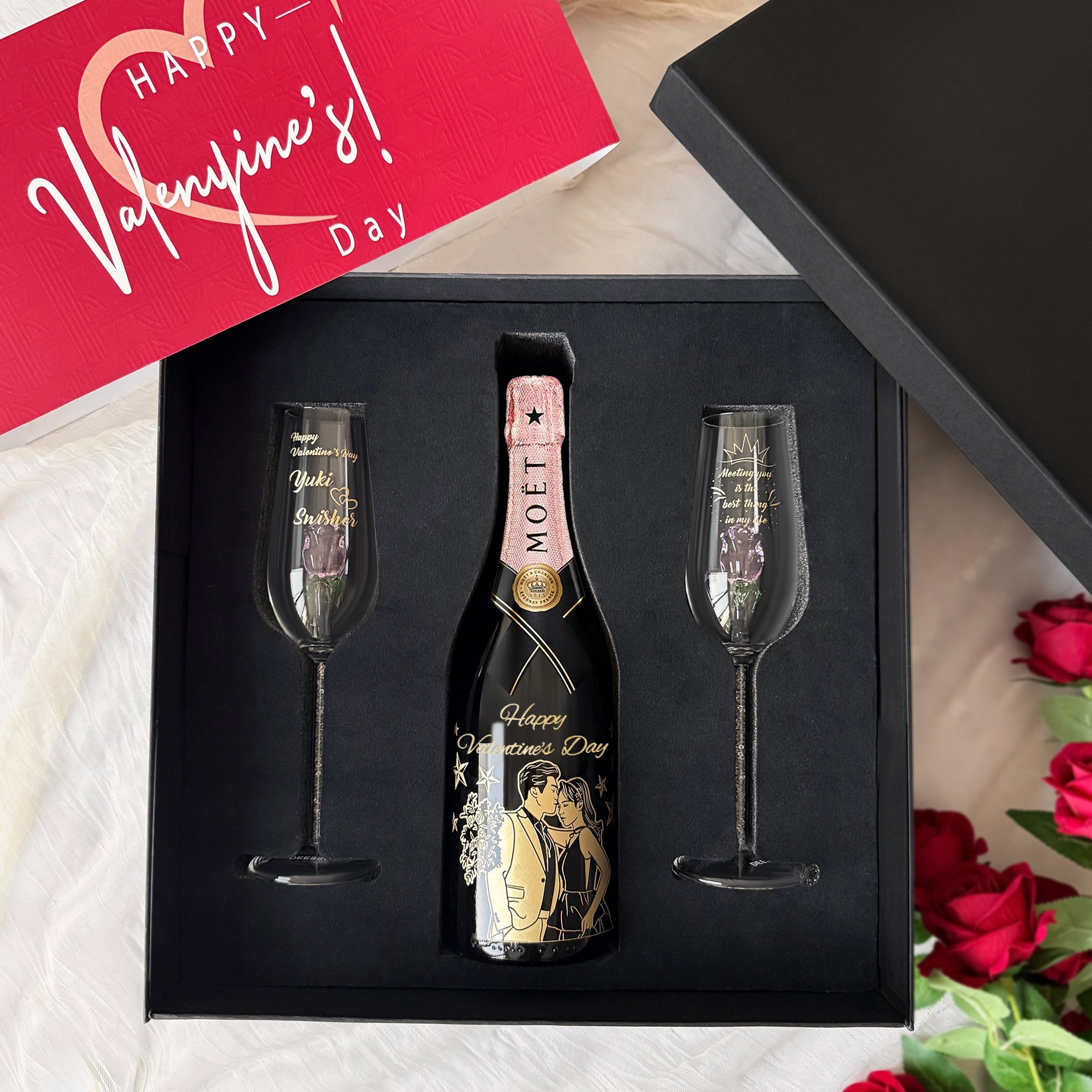 Bottega Manzoni Moscato Rose 3D Rose Champagne Glass Gift Box Couple Anniversary Gift Romantic Celebration for Sisters - DY05-59