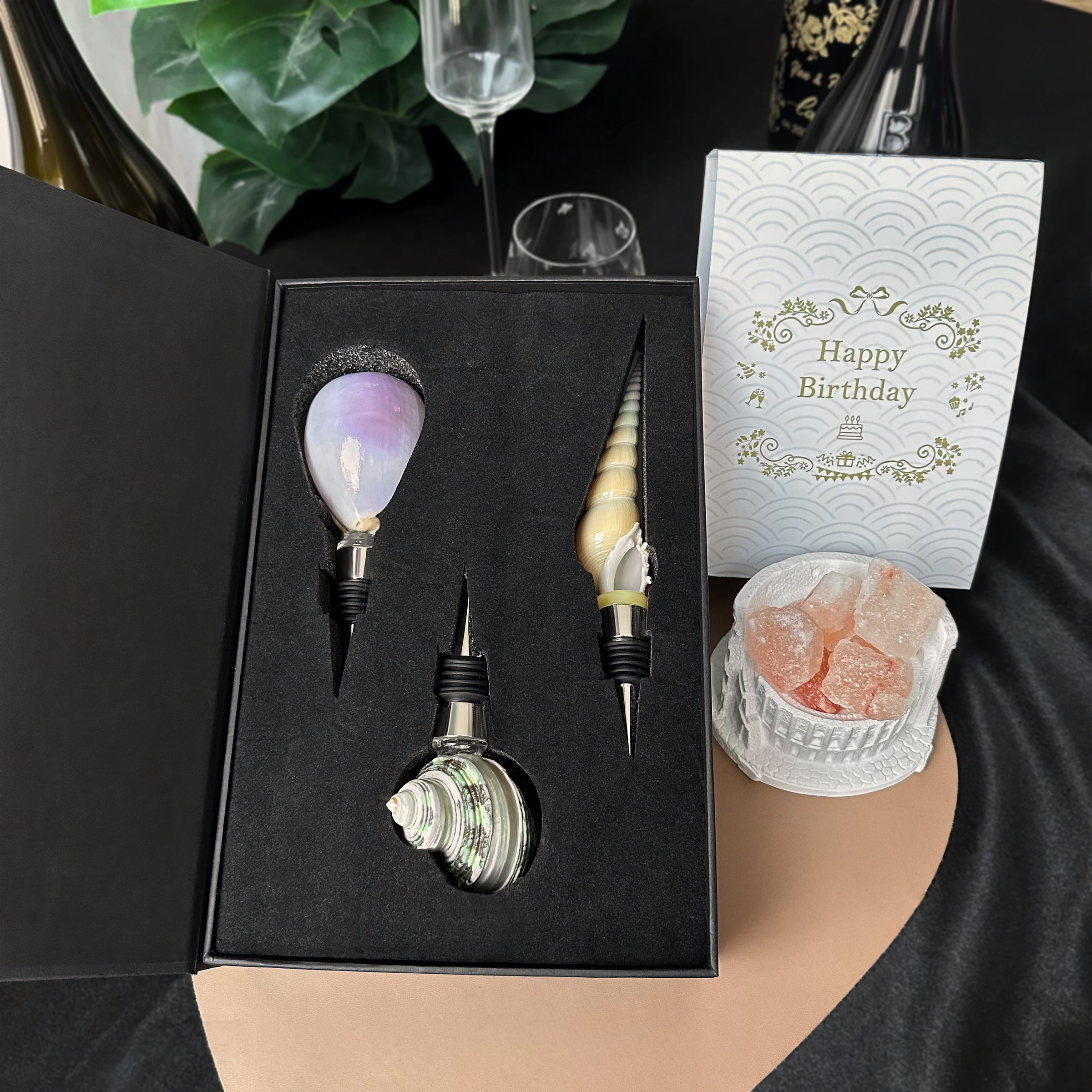 Tipsy Seashell Wine Stoppers | Original Design | Custom Gift Box with Bottle Stoppers (3-piece set) Elegant Gift, Birthday Present, Party Essential Minimalist Seashell Wine Stoppers -DY02-101