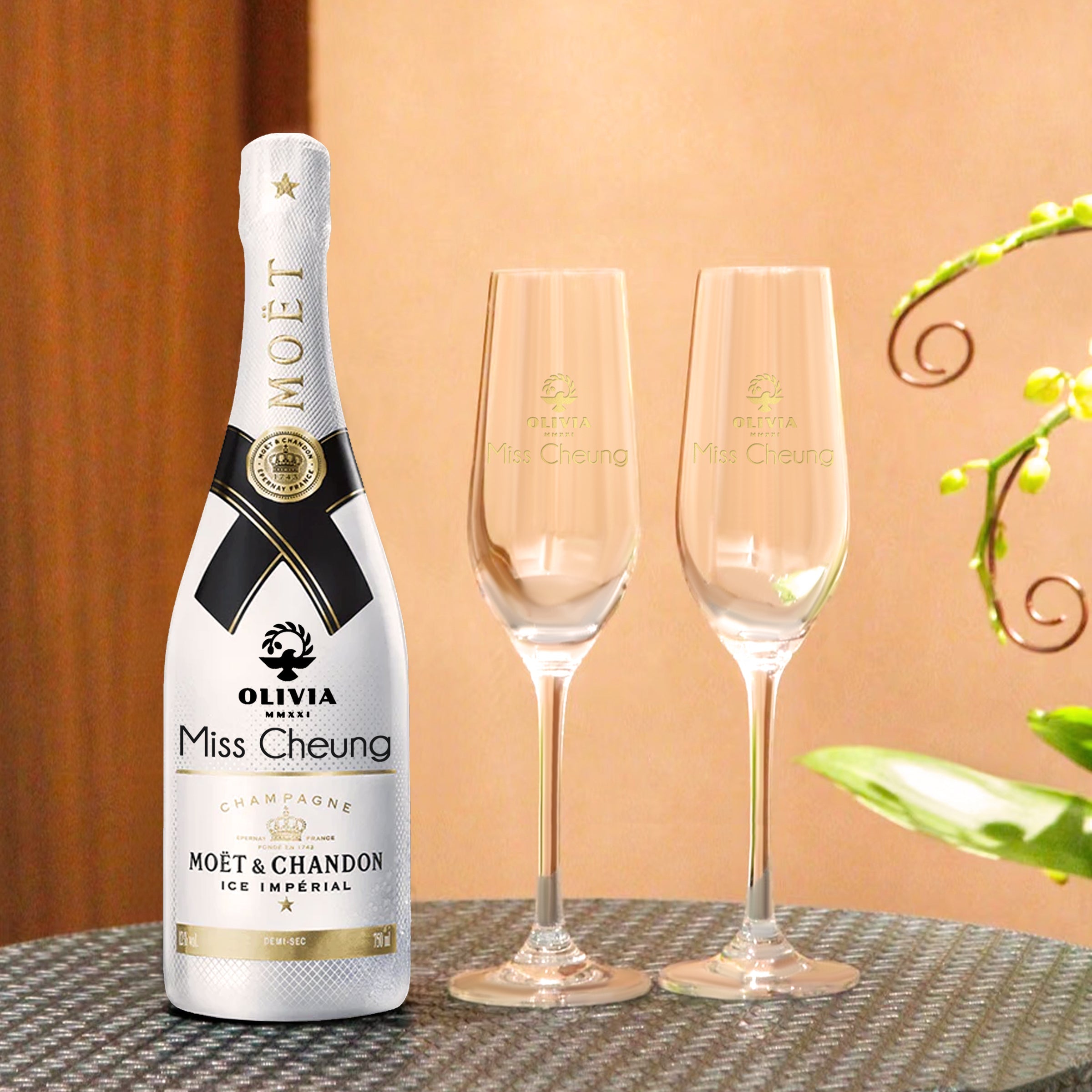 Moët & Chandon Ice Imperial Champagne 750ml - Customizable Logo/Text Engraving & Coupe Glass Carving, Create Your Corporate Exclusive Champagne for Promotion, Retirement & Anniversary Gifts