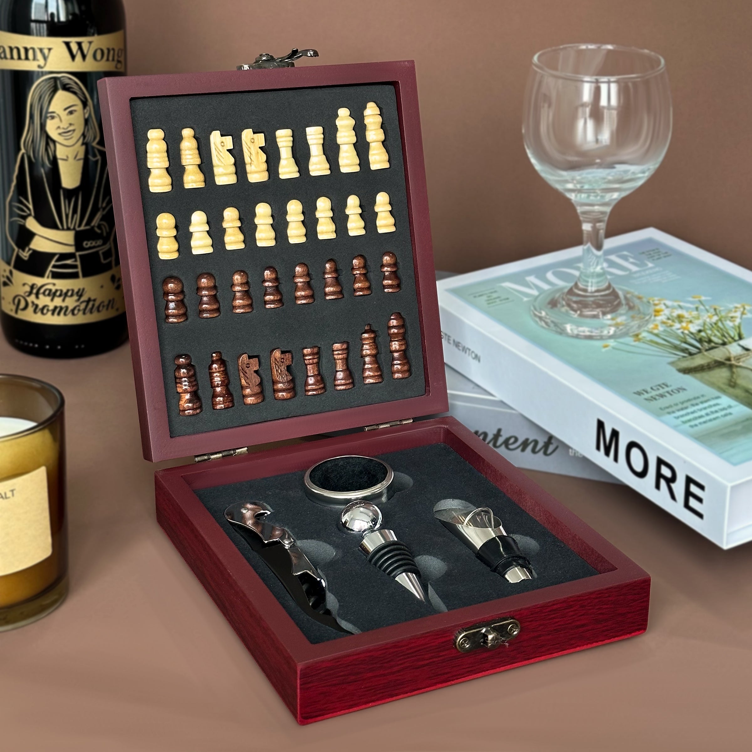 Wine Opener Gift Set | Chess Storage Box | Custom Sleeve | Personalized Birthday Gift | Wine Opener Set for Corporate Gifts and Parties -DY01-394