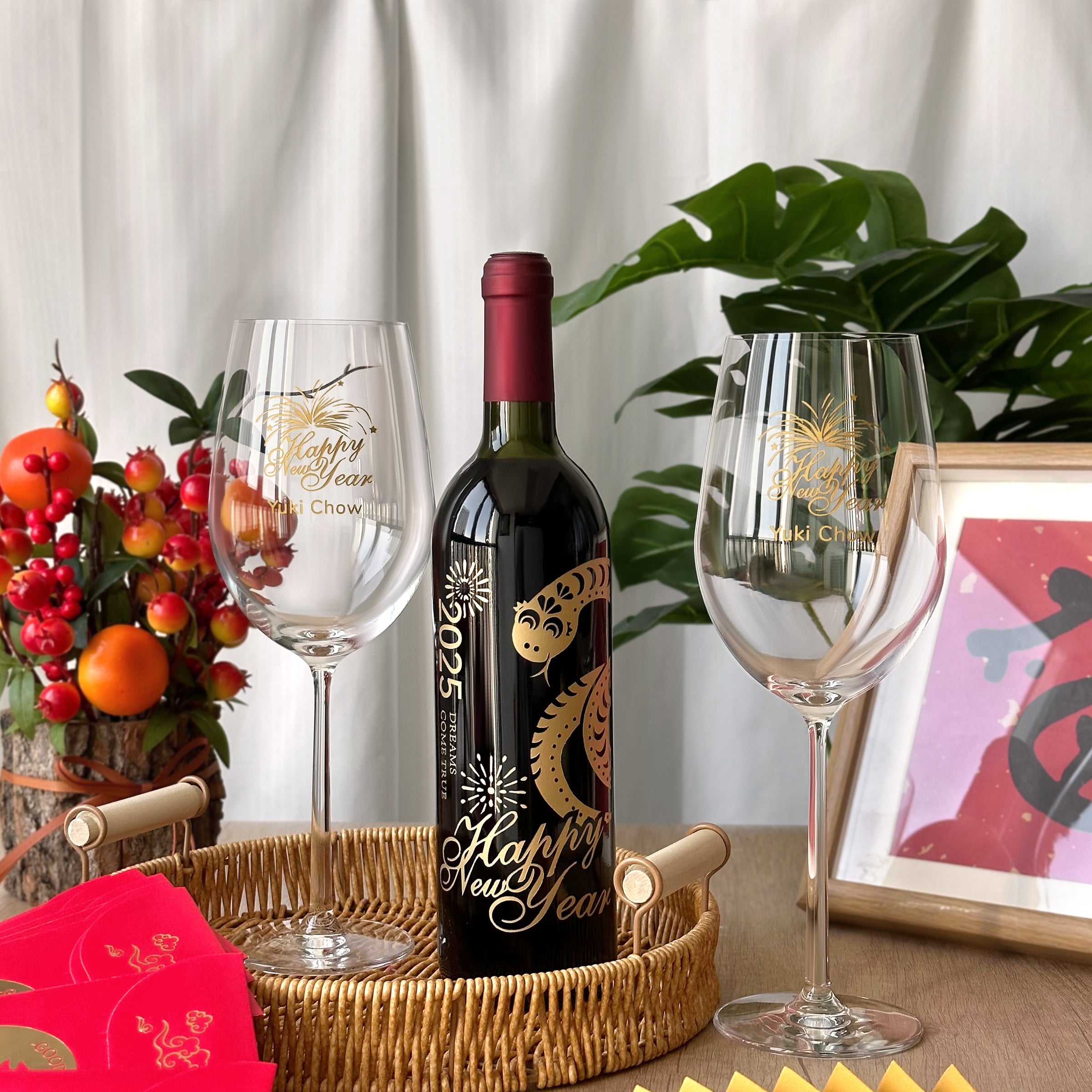 【Year of the Snake Zodiac Engraving】2025 Chinese New Year Red Wine Gift Box | French Red Wine with Pair of Glasses Set | Customized Red Wine Glass Engraving | Chinese New Year Celebration Gift | Custom Engraved Corporate Gift DY05-56