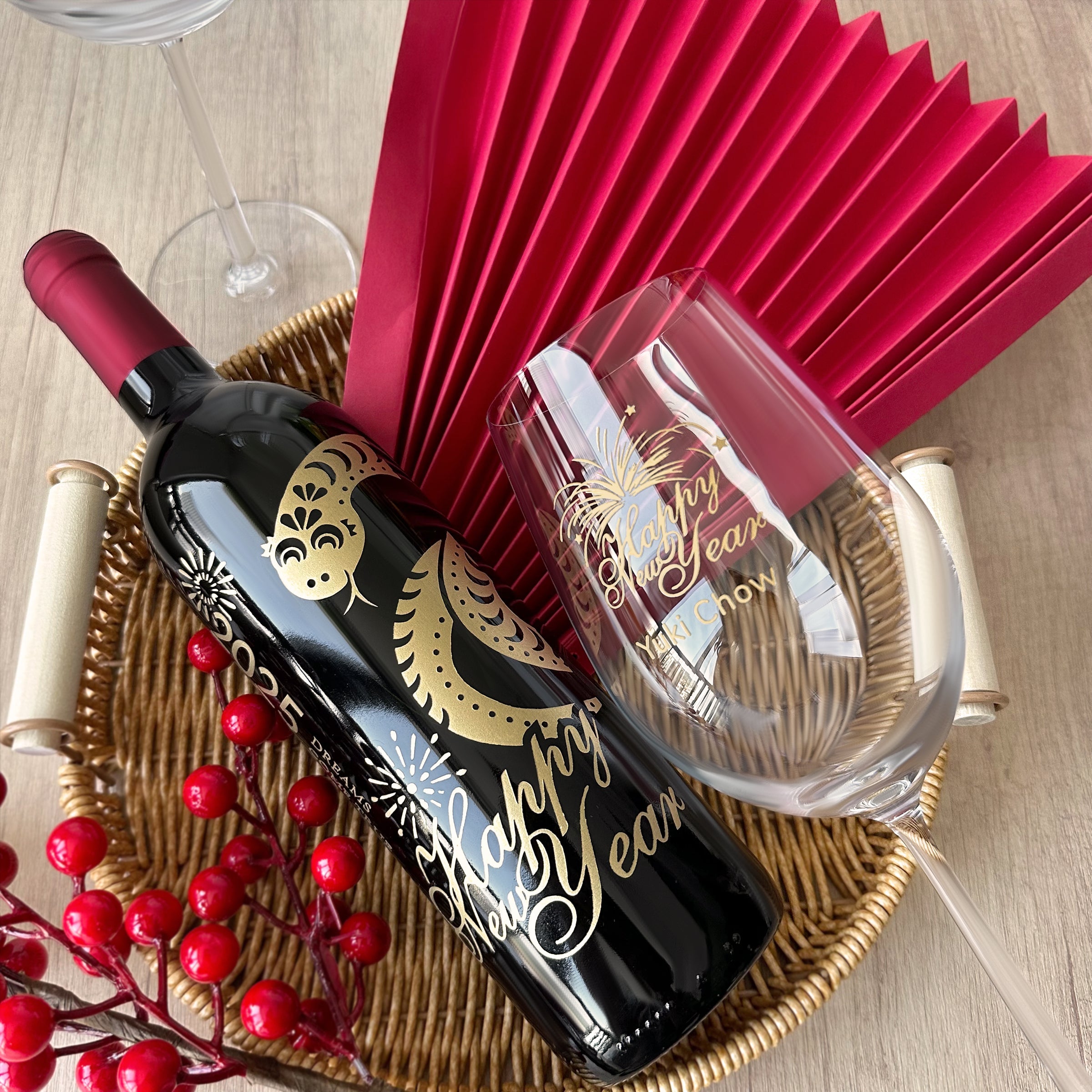 【Year of the Snake Zodiac Engraving】2025 Chinese New Year Red Wine Gift Box | French Red Wine with Pair of Glasses Set | Customized Red Wine Glass Engraving | Chinese New Year Celebration Gift | Custom Engraved Corporate Gift DY05-56