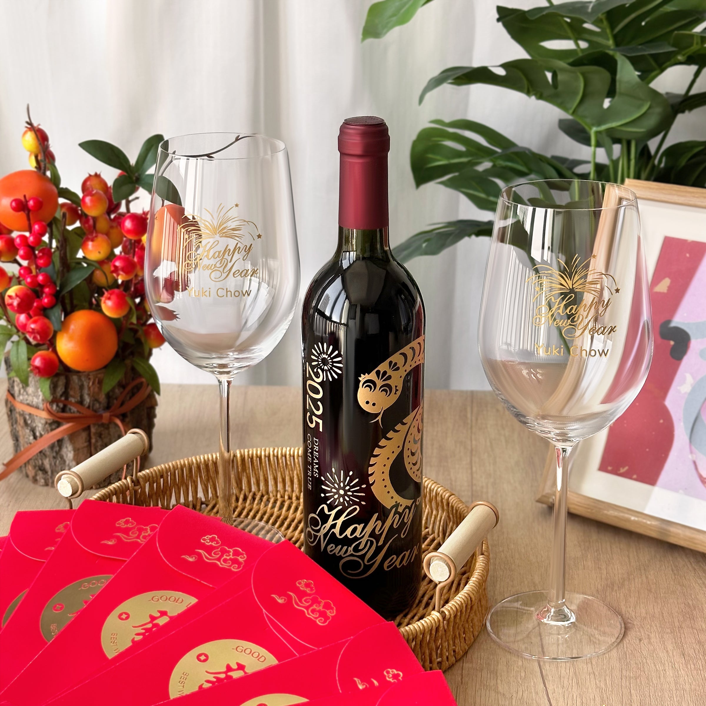 【Year of the Snake Zodiac Engraving】2025 Chinese New Year Red Wine Gift Box | French Red Wine with Pair of Glasses Set | Customized Red Wine Glass Engraving | Chinese New Year Celebration Gift | Custom Engraved Corporate Gift DY05-56