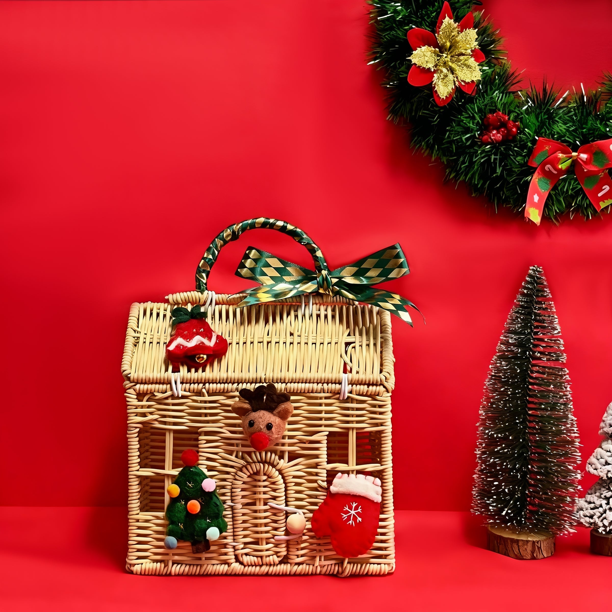 Christmas Wine & Food Cane Basket | Christmas Hamper Christmas Gift Festival Congratulatory Gift