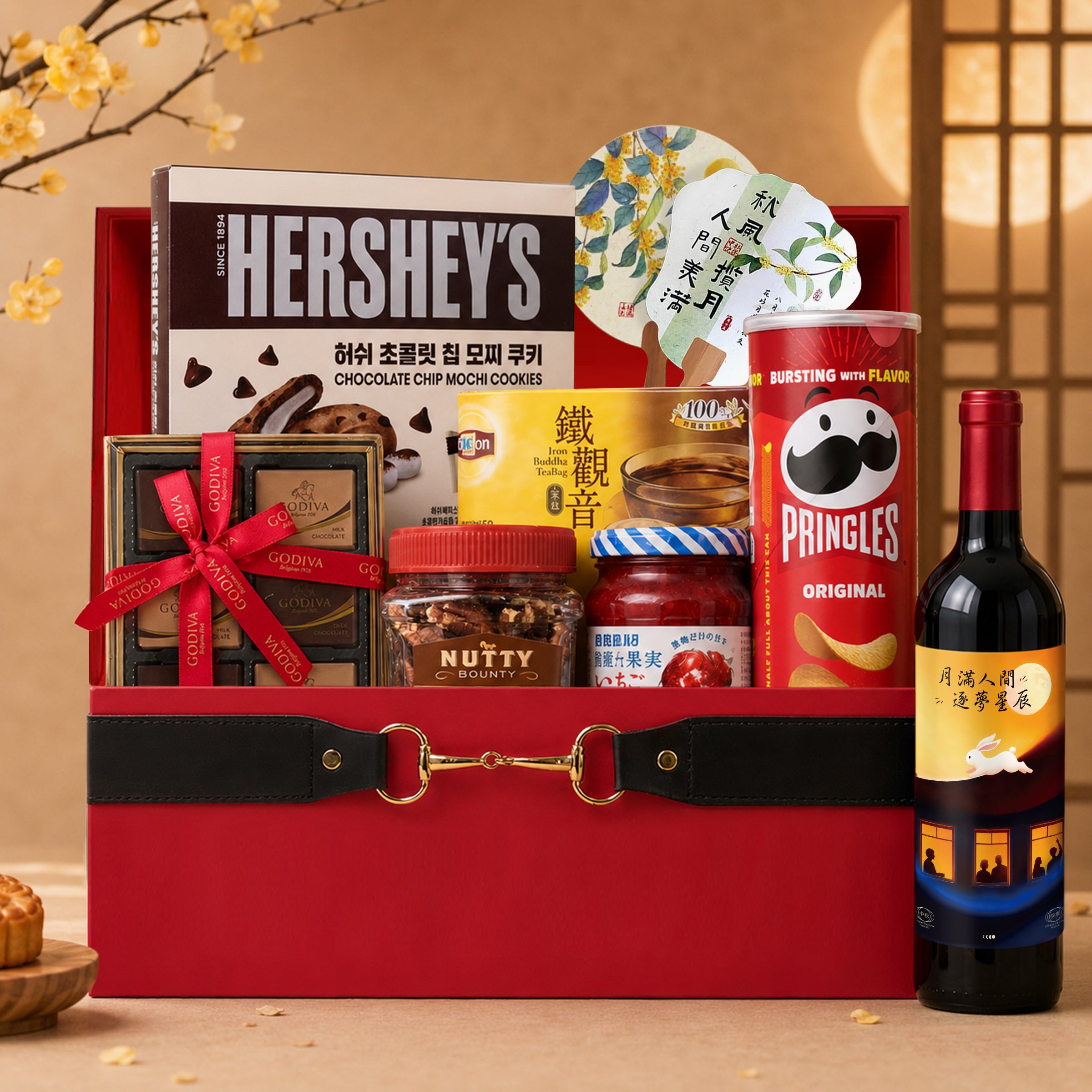 Mid-Autumn Festival Hamper: Imported Snacks & Red Wine. A stylish, premium gift hamper perfect for the season—an ideal choice for both business and personal gifting. Features red wine with customizable labels.