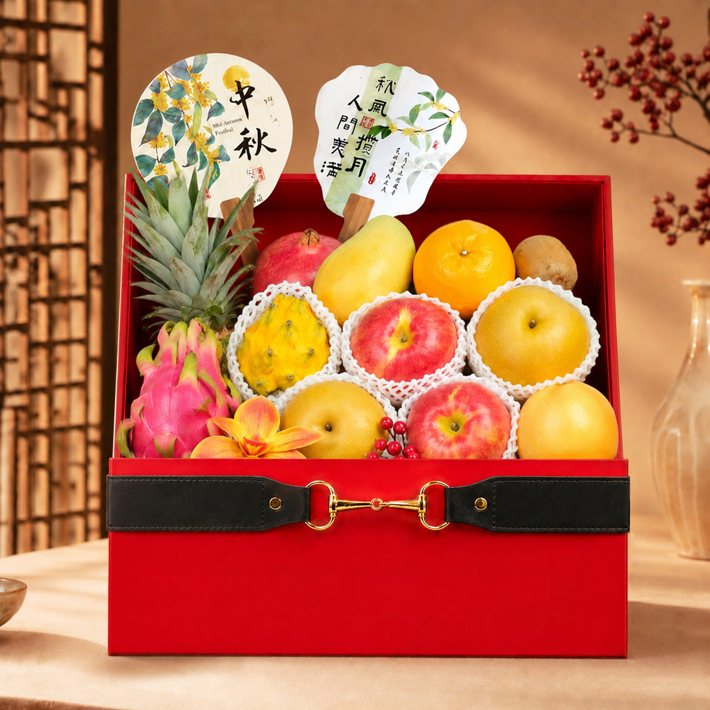 Mid-Autumn Festival Hamper – A basket of seasonal imported fresh fruits, brimming with warm wishes for family, friends, and clients. The perfect gift for moon-viewing and an essential for the Mid-Autumn Festival.