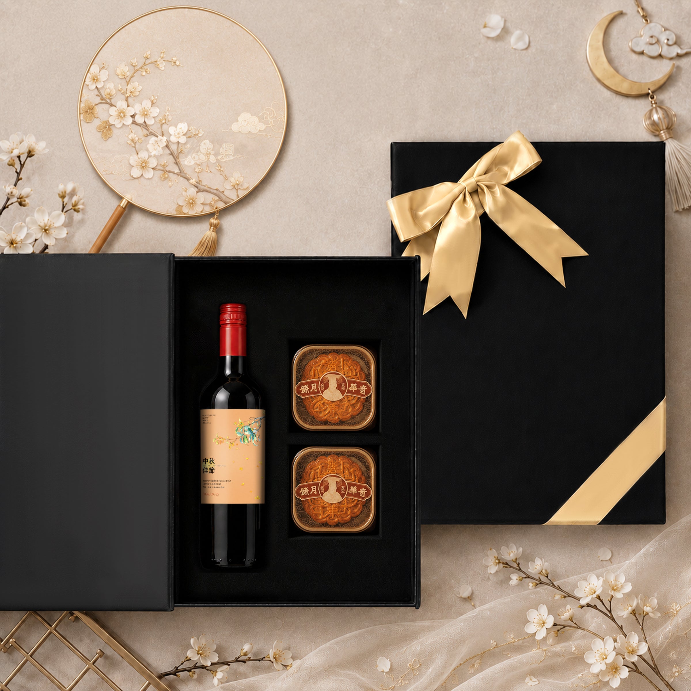 Mid-Autumn Festival Gift Sets: Custom Wine Labels & Imported Red Wine. Popular Mooncake & Red Wine Gift Hampers—the Top Choice for Clients, Relatives, Friends, and Elders