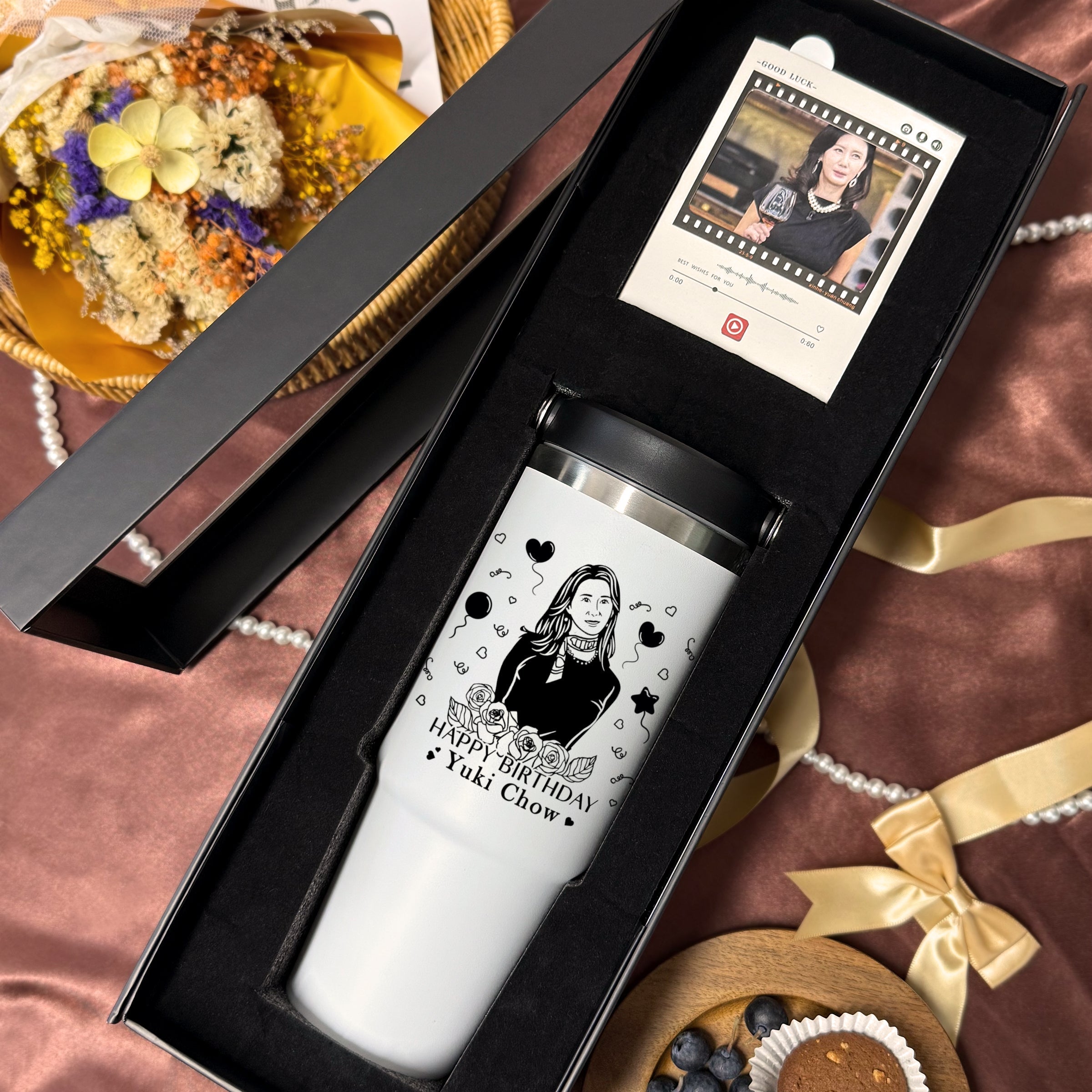 Birthday Gift Box with Recordable Card, Custom-Engraved Large Thermos Cup & Personalized Voice Message - Surprise Birthday Present Personalized Mug, Voice Card, Custom Gift, Birthday Gift DY01-414