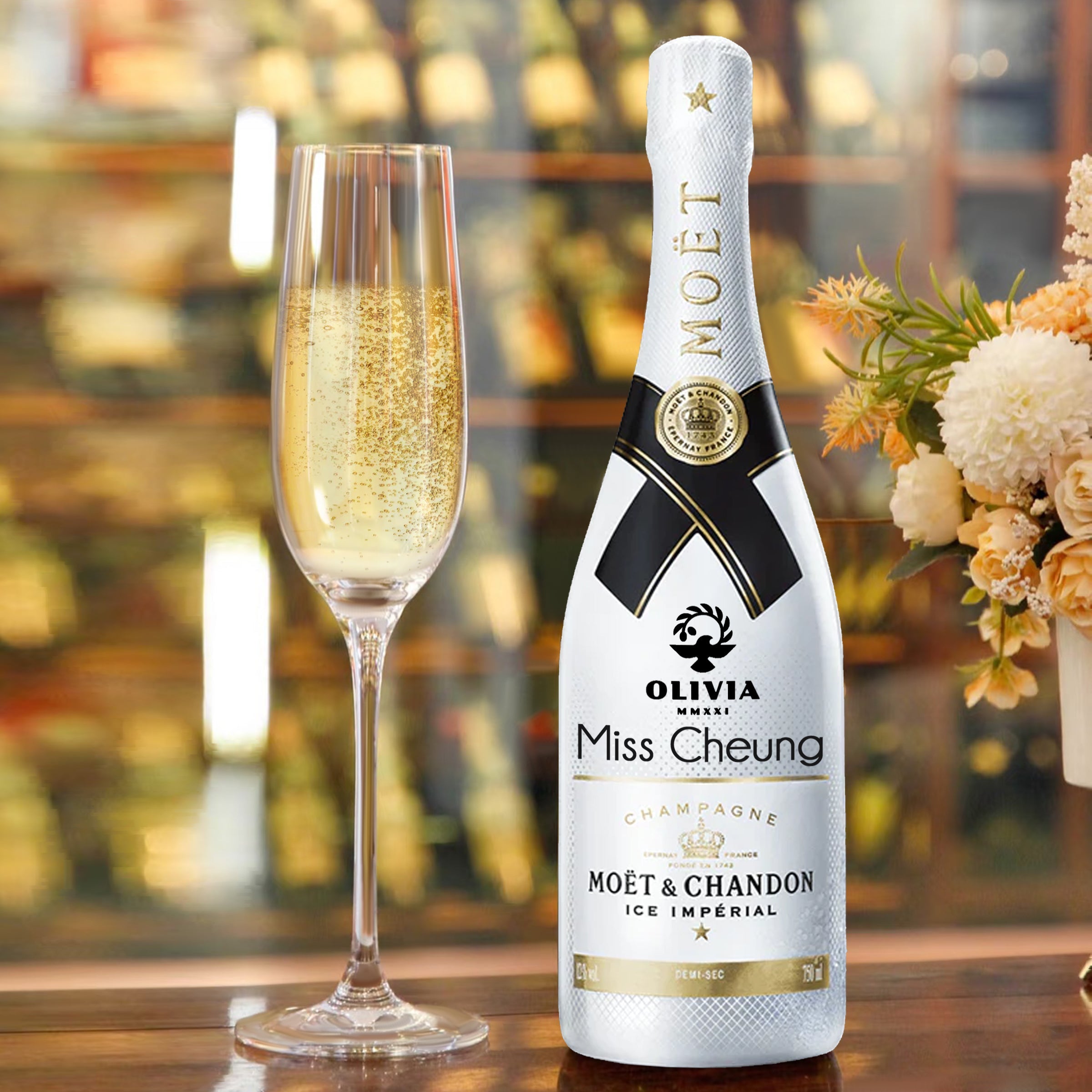 Moët & Chandon Ice Imperial Champagne 750ml - Customizable Logo/Text Engraving & Coupe Glass Carving, Create Your Corporate Exclusive Champagne for Promotion, Retirement & Anniversary Gifts