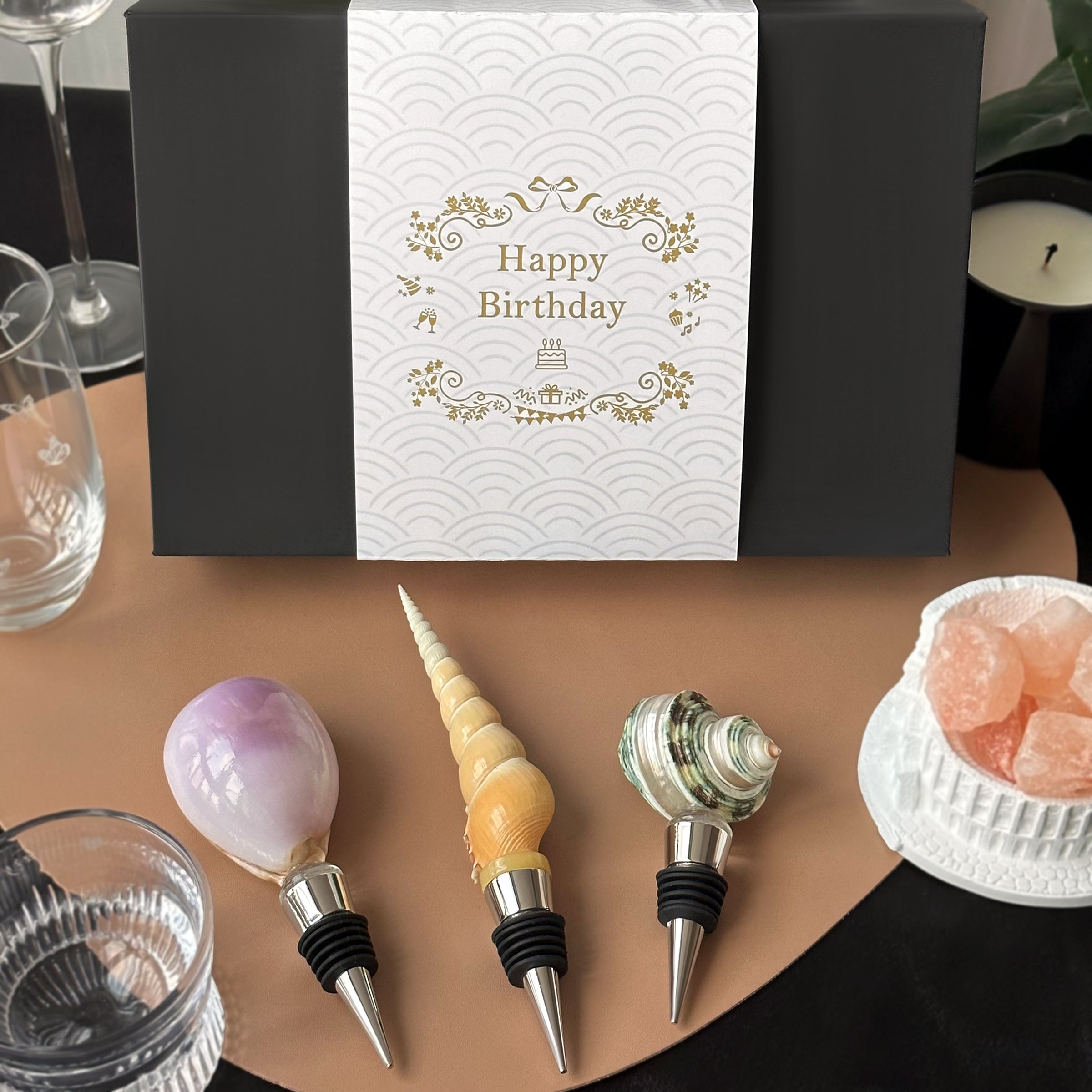 Tipsy Seashell Wine Stoppers | Original Design | Custom Gift Box with Bottle Stoppers (3-piece set) Elegant Gift, Birthday Present, Party Essential Minimalist Seashell Wine Stoppers -DY02-101