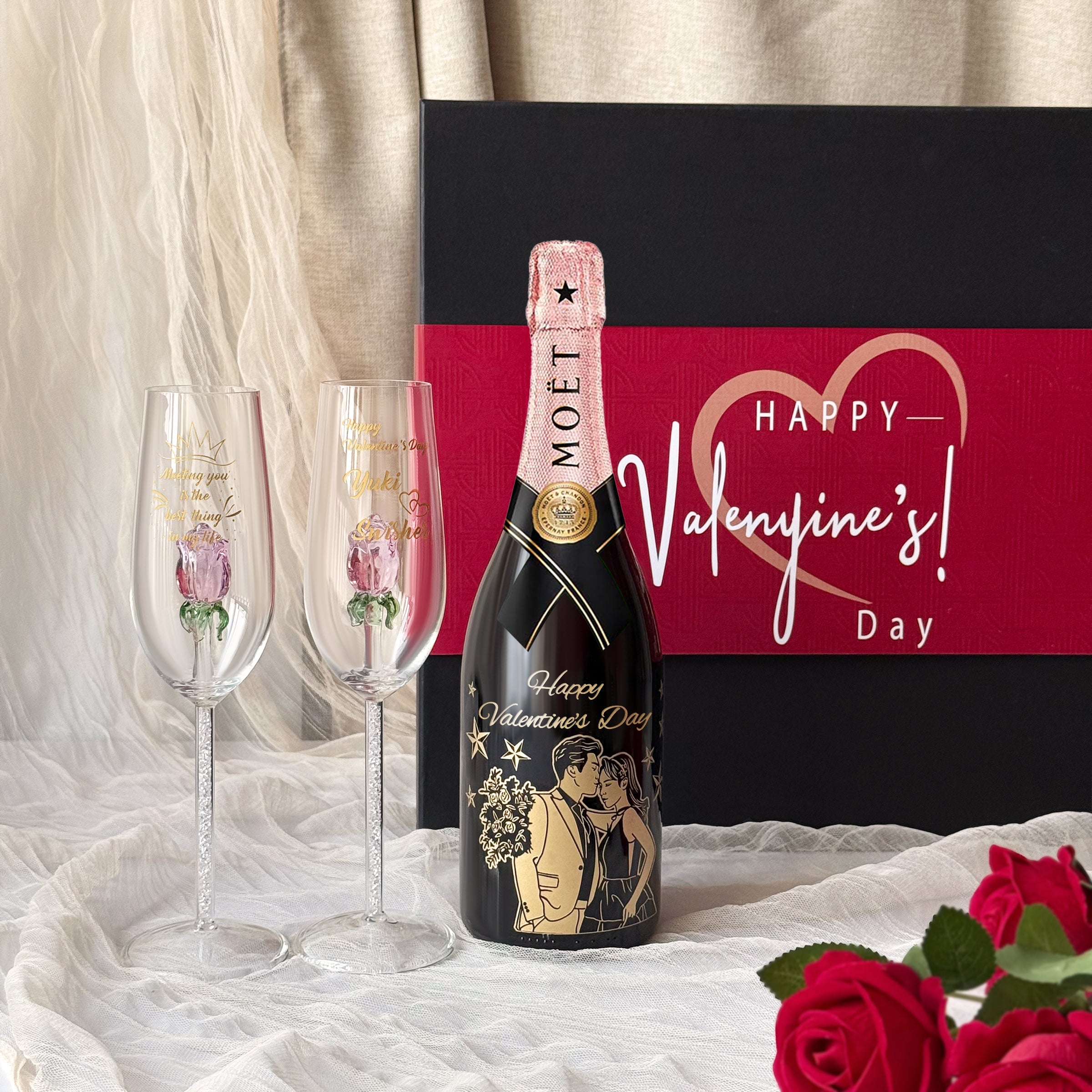 Bottega Manzoni Moscato Rose 3D Rose Champagne Glass Gift Box Couple Anniversary Gift Romantic Celebration for Sisters - DY05-59