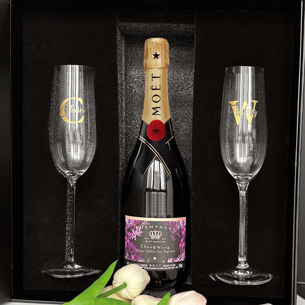 Wine label customization|Moët &Chandon Champagne and matching glass gift box, champagne glass text engraving, anniversary congratulations, wedding celebration gift, company gift must-have, gift for girlfriend DY01-364