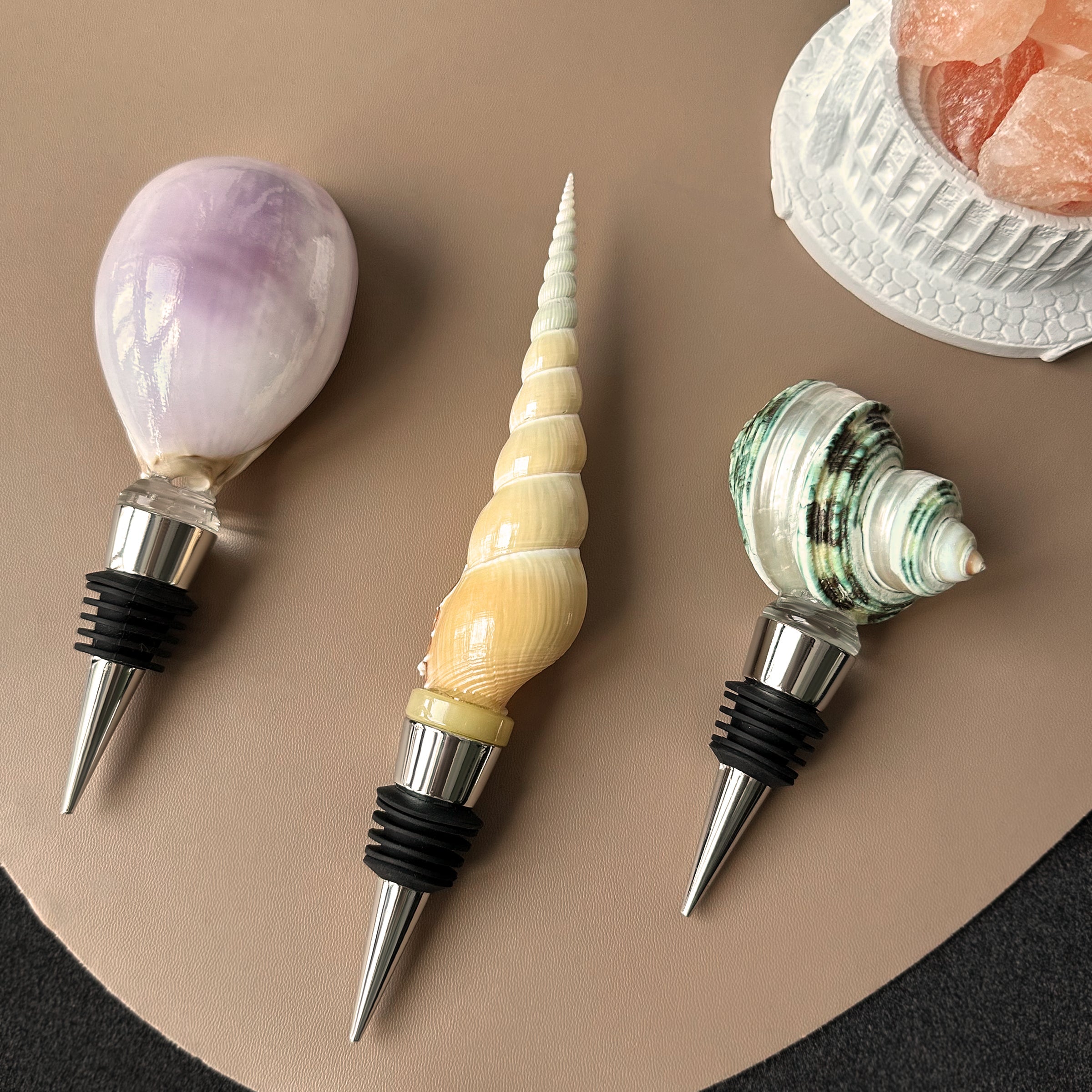 Tipsy Seashell Wine Stoppers | Original Design | Custom Gift Box with Bottle Stoppers (3-piece set) Elegant Gift, Birthday Present, Party Essential Minimalist Seashell Wine Stoppers -DY02-101