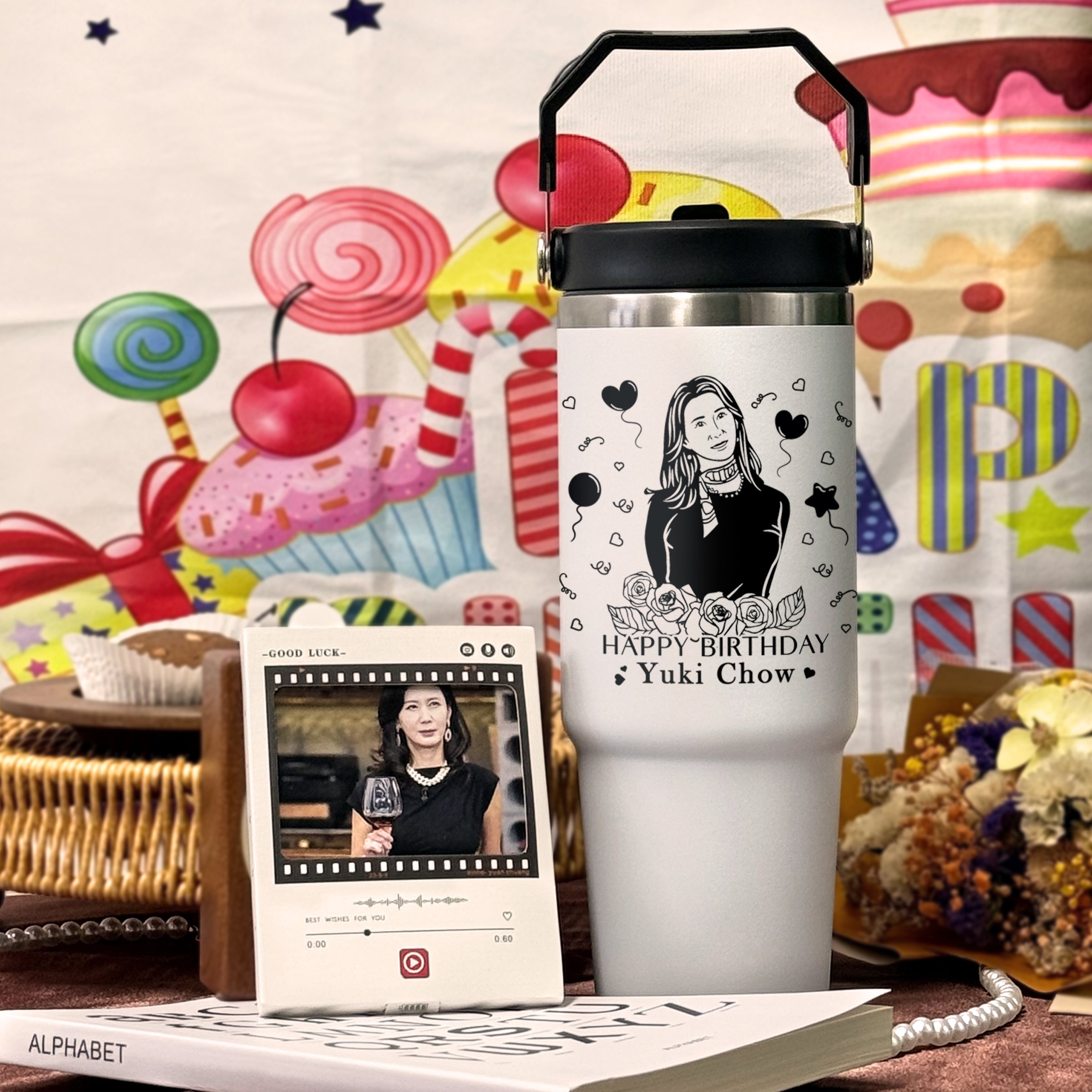 Birthday Gift Box with Recordable Card, Custom-Engraved Large Thermos Cup & Personalized Voice Message - Surprise Birthday Present Personalized Mug, Voice Card, Custom Gift, Birthday Gift DY01-414