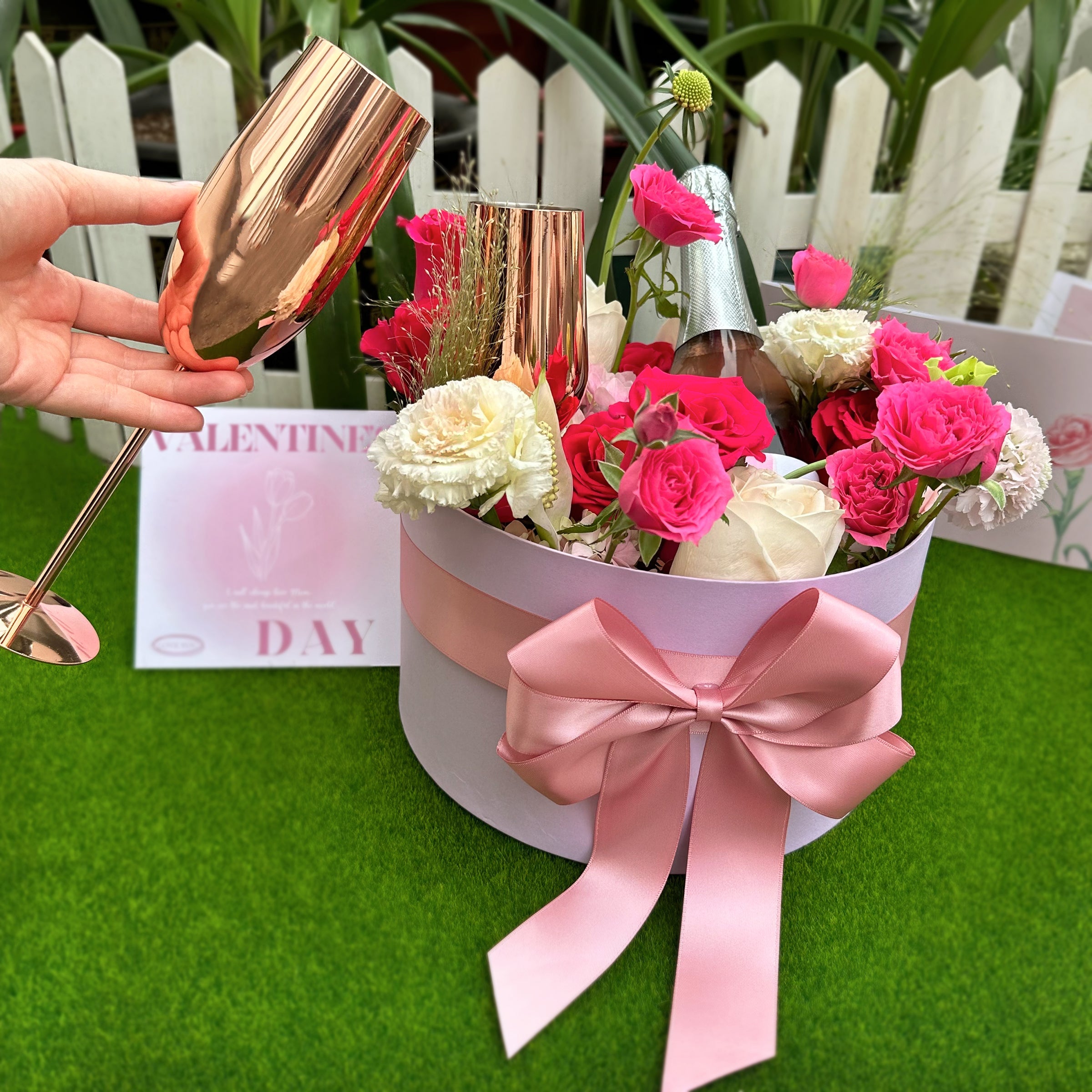 Valentine's Day Gift Box | Romantic Purple Flower Box | Customized Champagne Glass Set | Romantic Gift for Couples | Perfect for Wife or Girlfriend | DY05-59