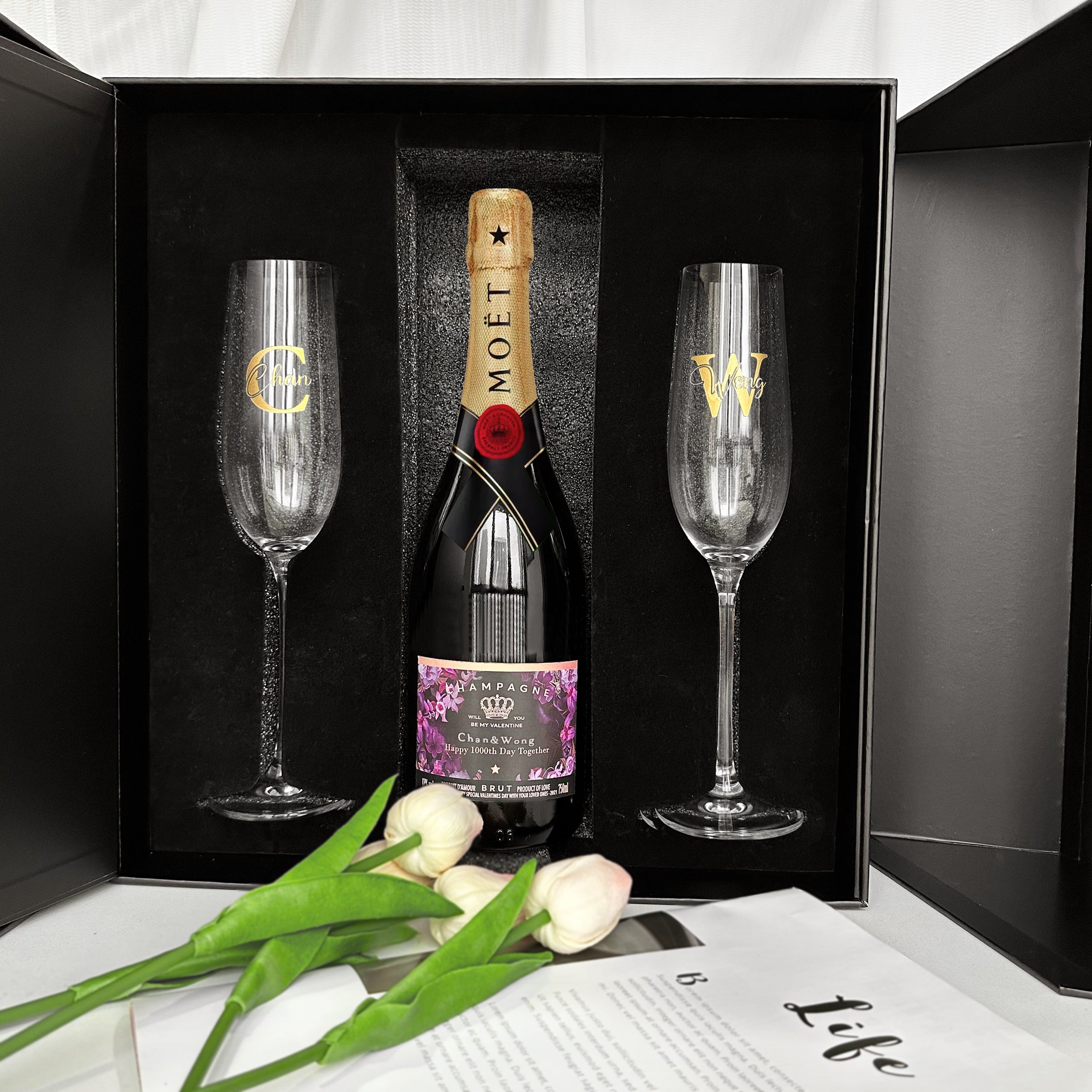 Wine label customization|Moët &Chandon Champagne wine and matching glasses gift box, champagne glass text engraving, anniversary congratulations, wedding celebration gifts, birthday gifts must-have, gifts for girlfriends and couples DY01-365