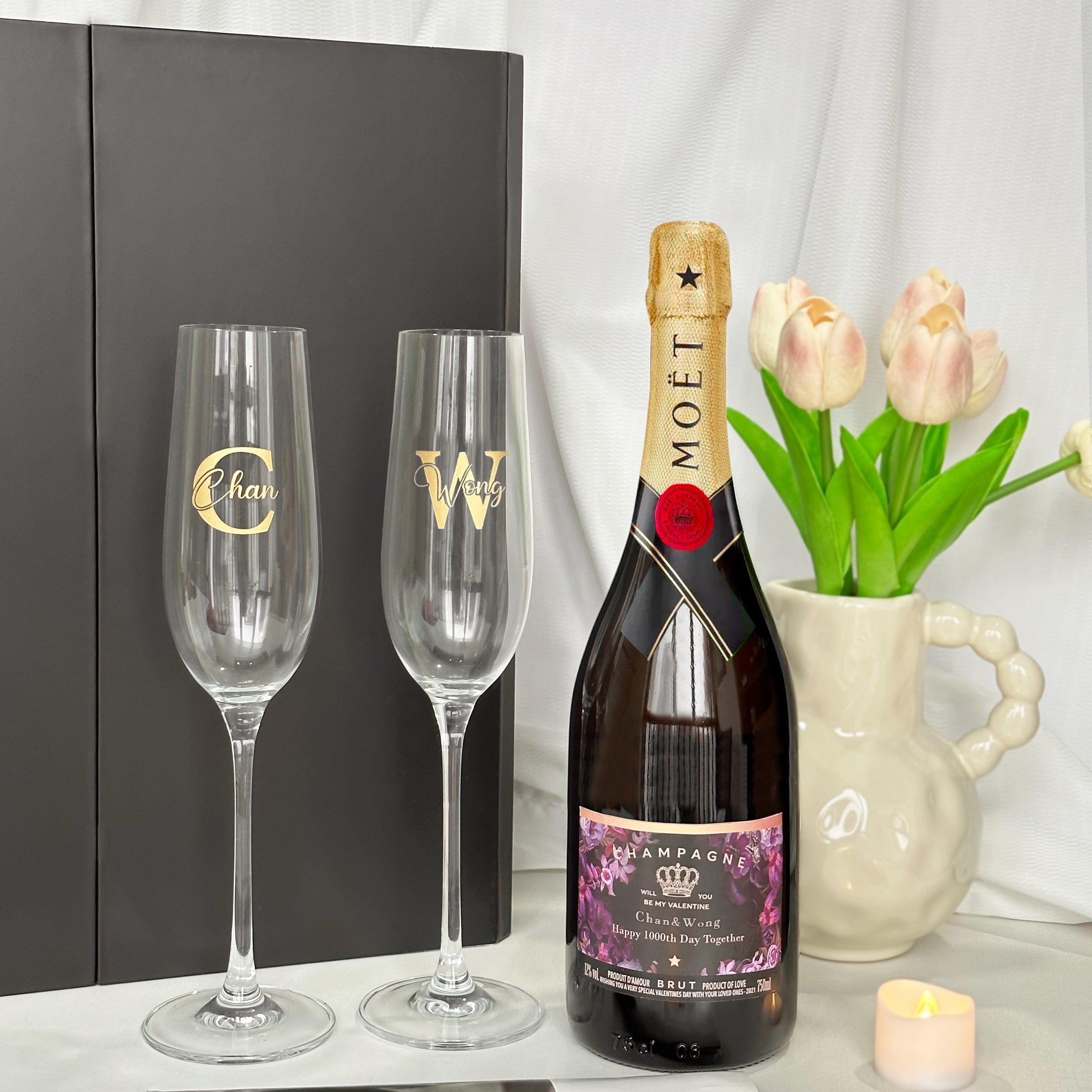 Wine label customization|Moët &Chandon Champagne wine and matching glasses gift box, champagne glass text engraving, anniversary congratulations, wedding celebration gifts, birthday gifts must-have, gifts for girlfriends and couples DY01-365