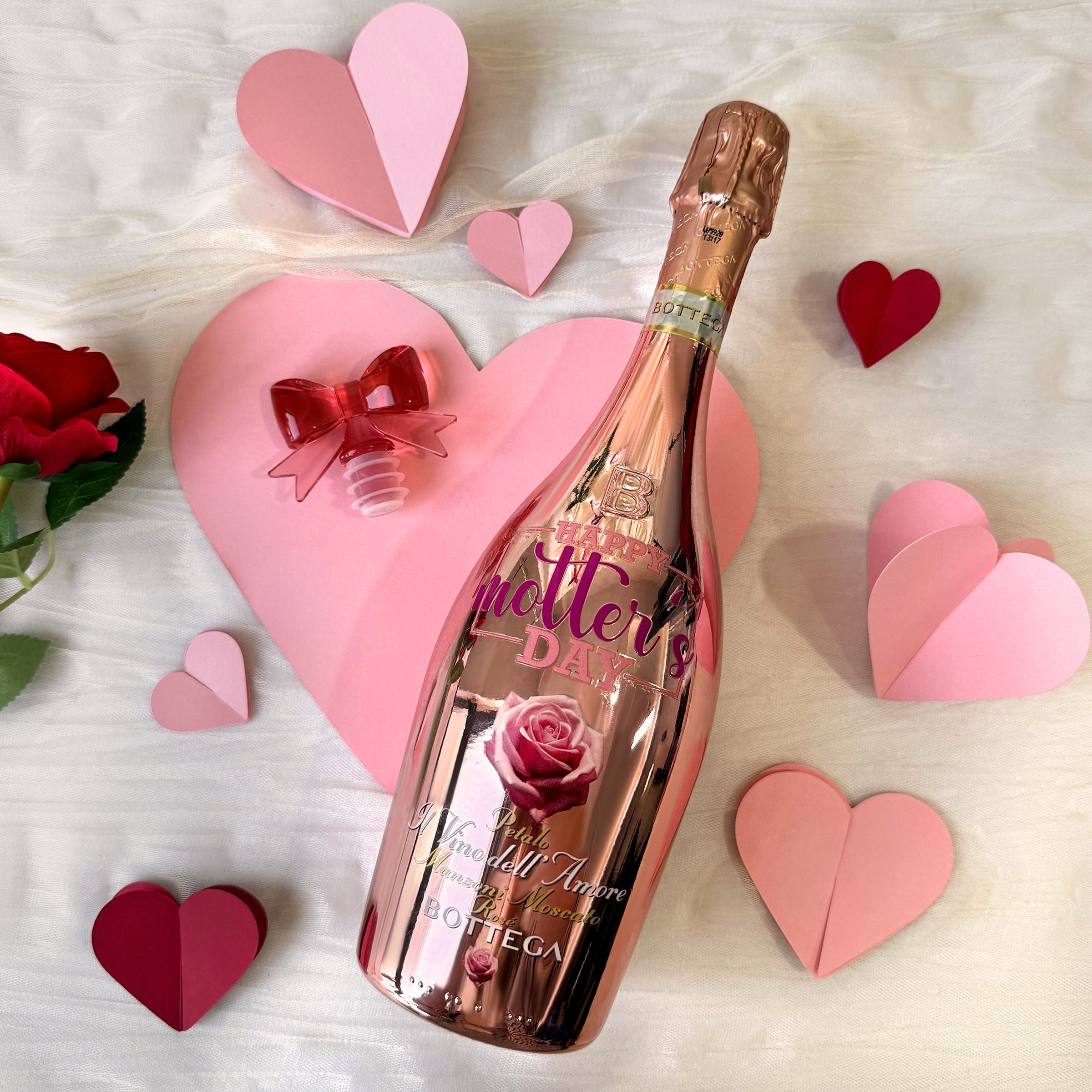 Valentine's Day Gift | Bottega Manzoni Moscato Rosé 3D Rose Champagne Glass Gift Set | Couple's Anniversary Gift | Romantic Celebration Gift for Sisters | DY05-59
