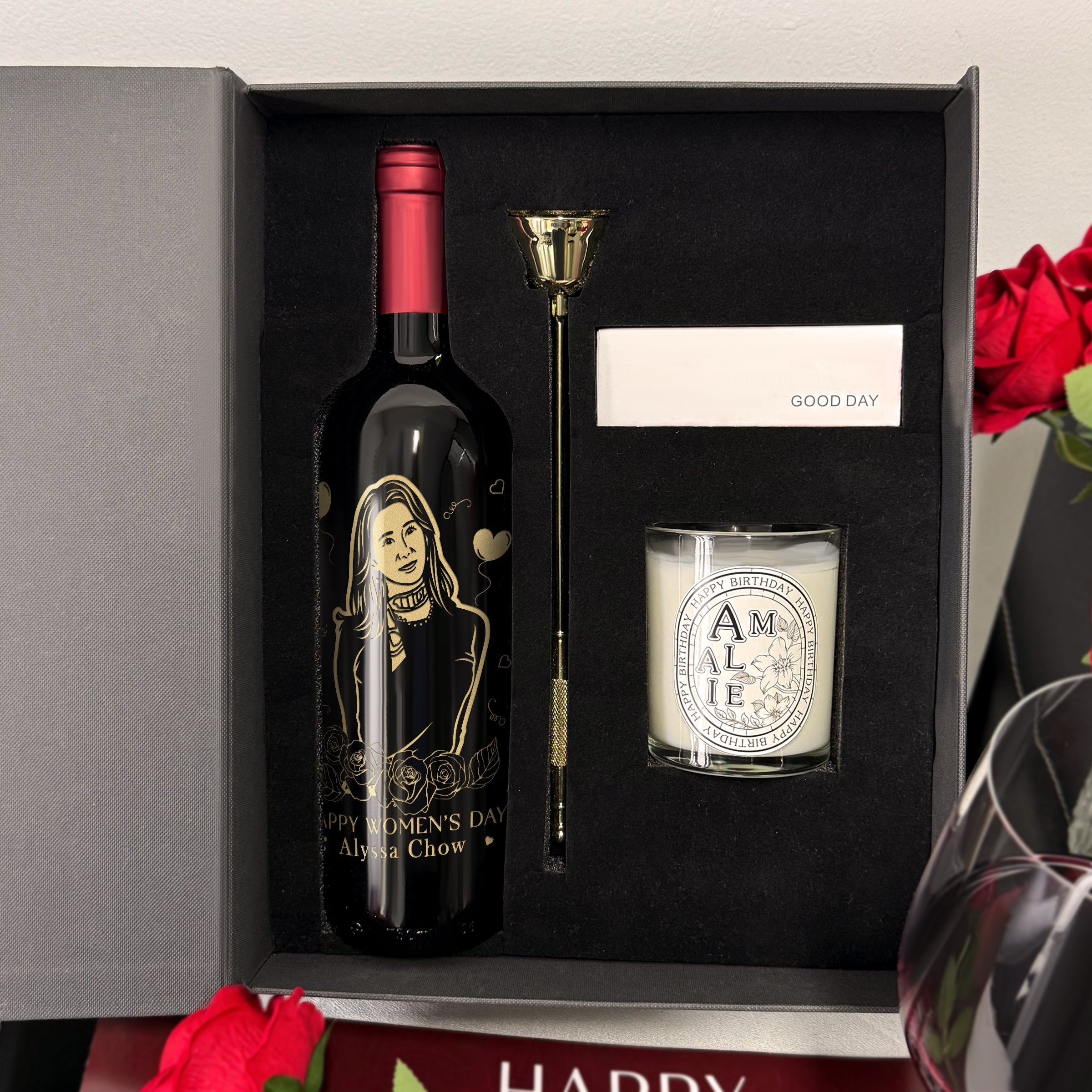 International Women's Day Gift Recommendation Customized portrait red wine gift box Aromatherapy candle sticker Customized name set Elegant and high-end gift for girls Birthday surprise customized gift Red wine aromatherapy gift set DY05-62