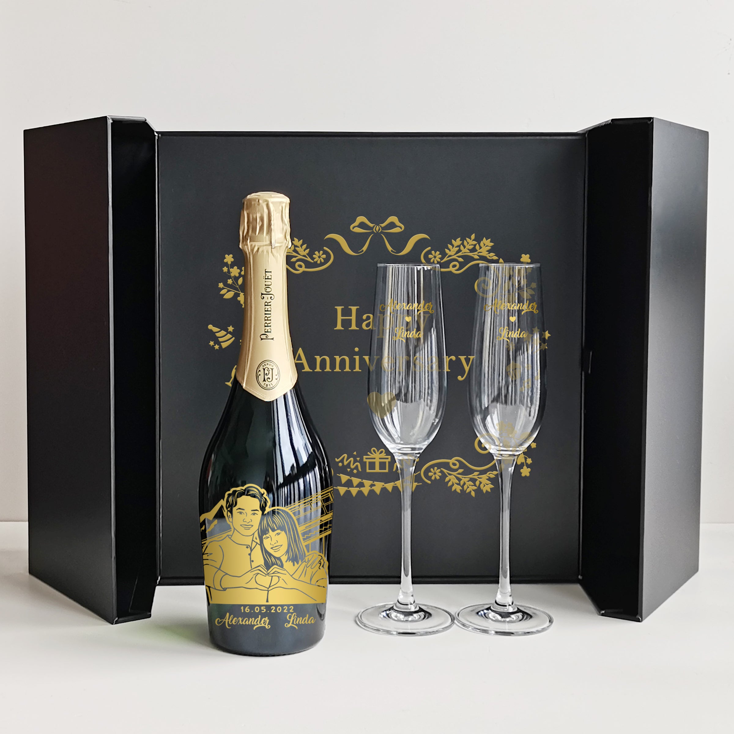 Customized Couple Realistic Portrait Perrier-Jouët Grand Brut Champagne & Champagne Glasses Set
