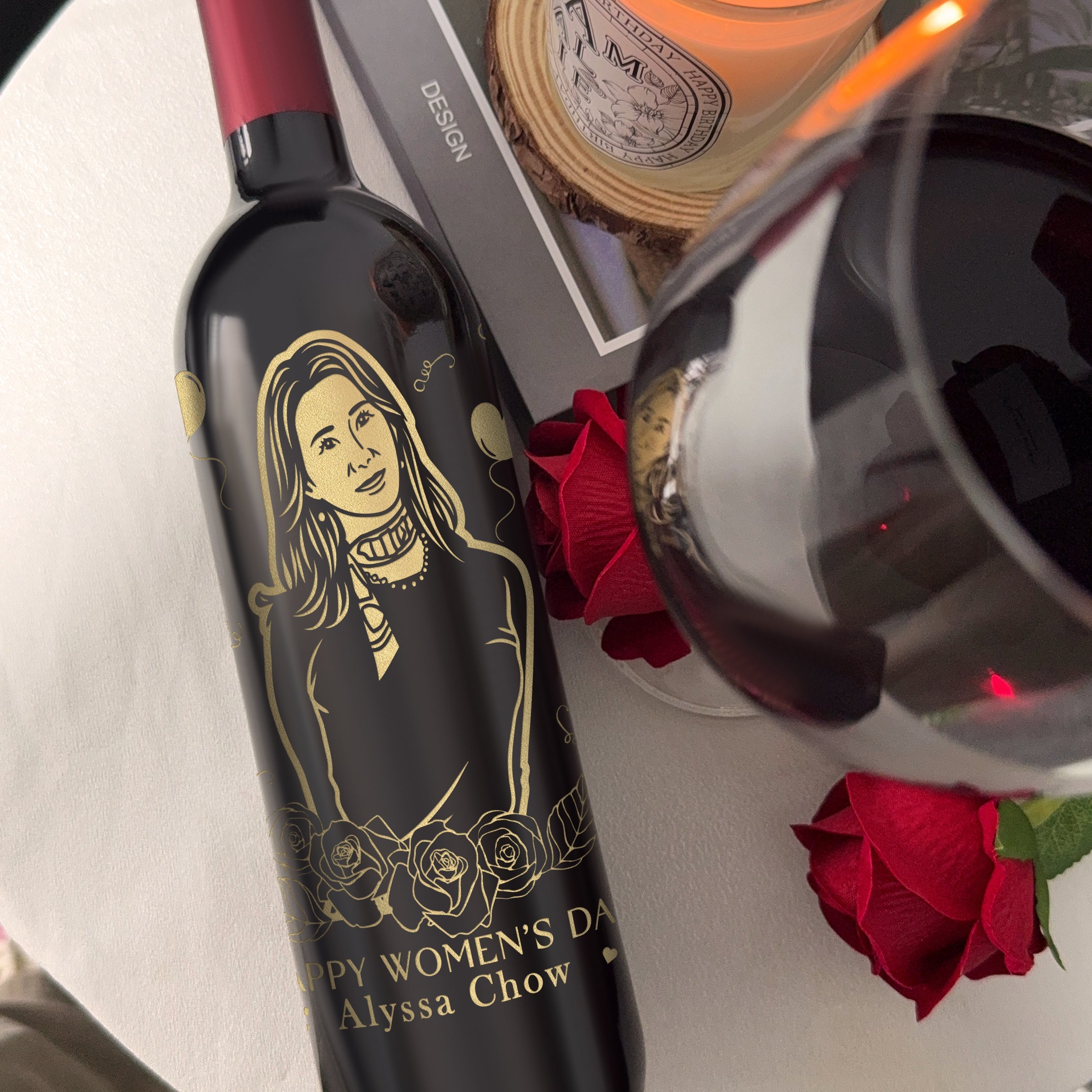 International Women's Day Gift Recommendation Customized portrait red wine gift box Aromatherapy candle sticker Customized name set Elegant and high-end gift for girls Birthday surprise customized gift Red wine aromatherapy gift set DY05-62
