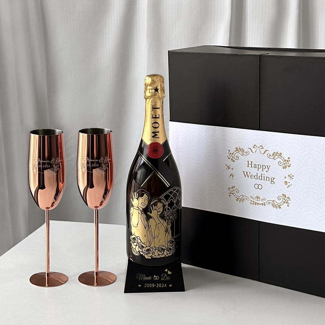 Moët Chandon Customized wine bottle portraits, champagne artwork engraving for anniversary celebrations, anniversary gifts for couples, name engraving on champagne glasses Moët Chandon gift set -DY01-376