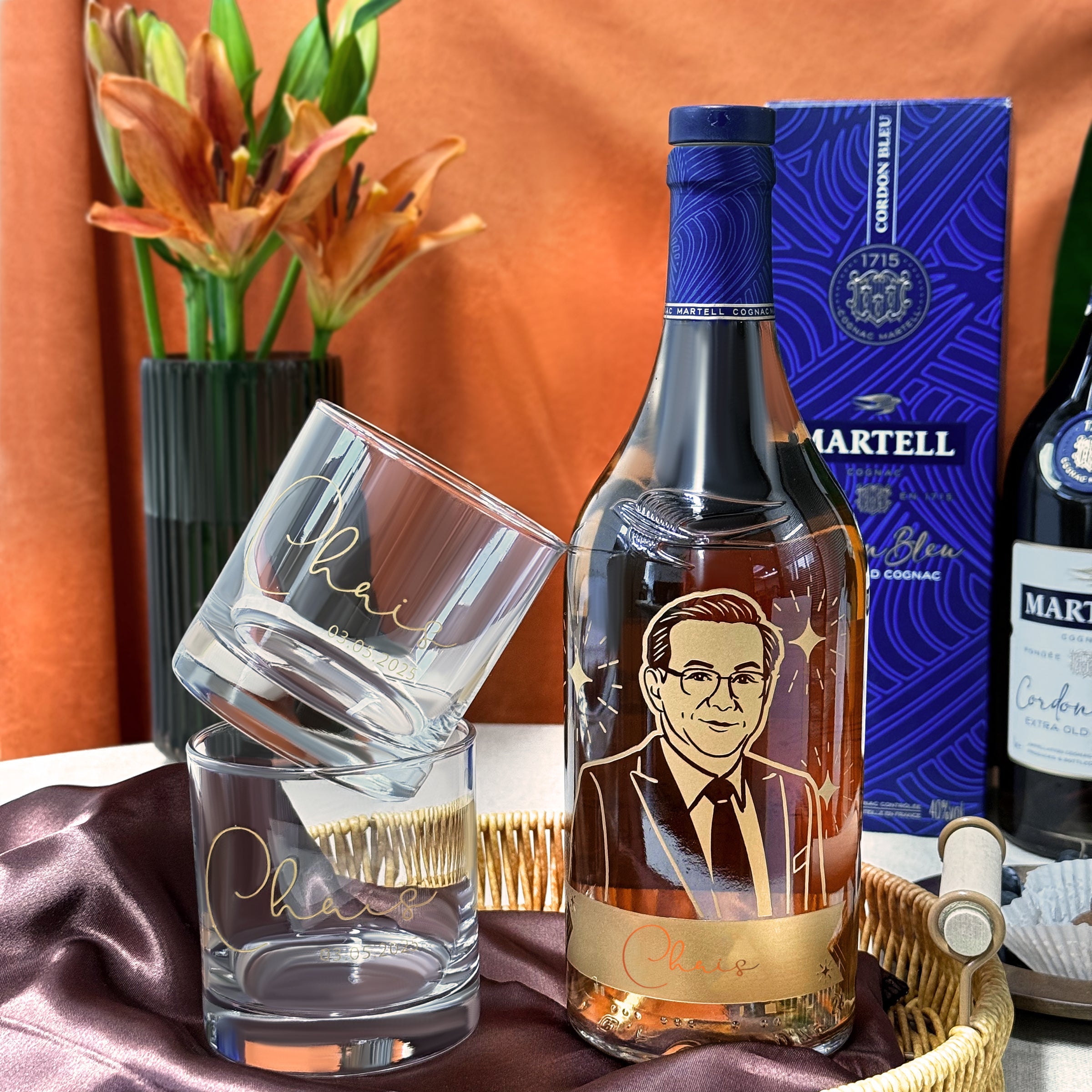Personalized Martell Whiskey Customization - Portrait Engraving Gift, Martell Blue Riband Cognac, Custom-Text Whiskey Snifter Glass, Business Gift for ClientsDY04-288