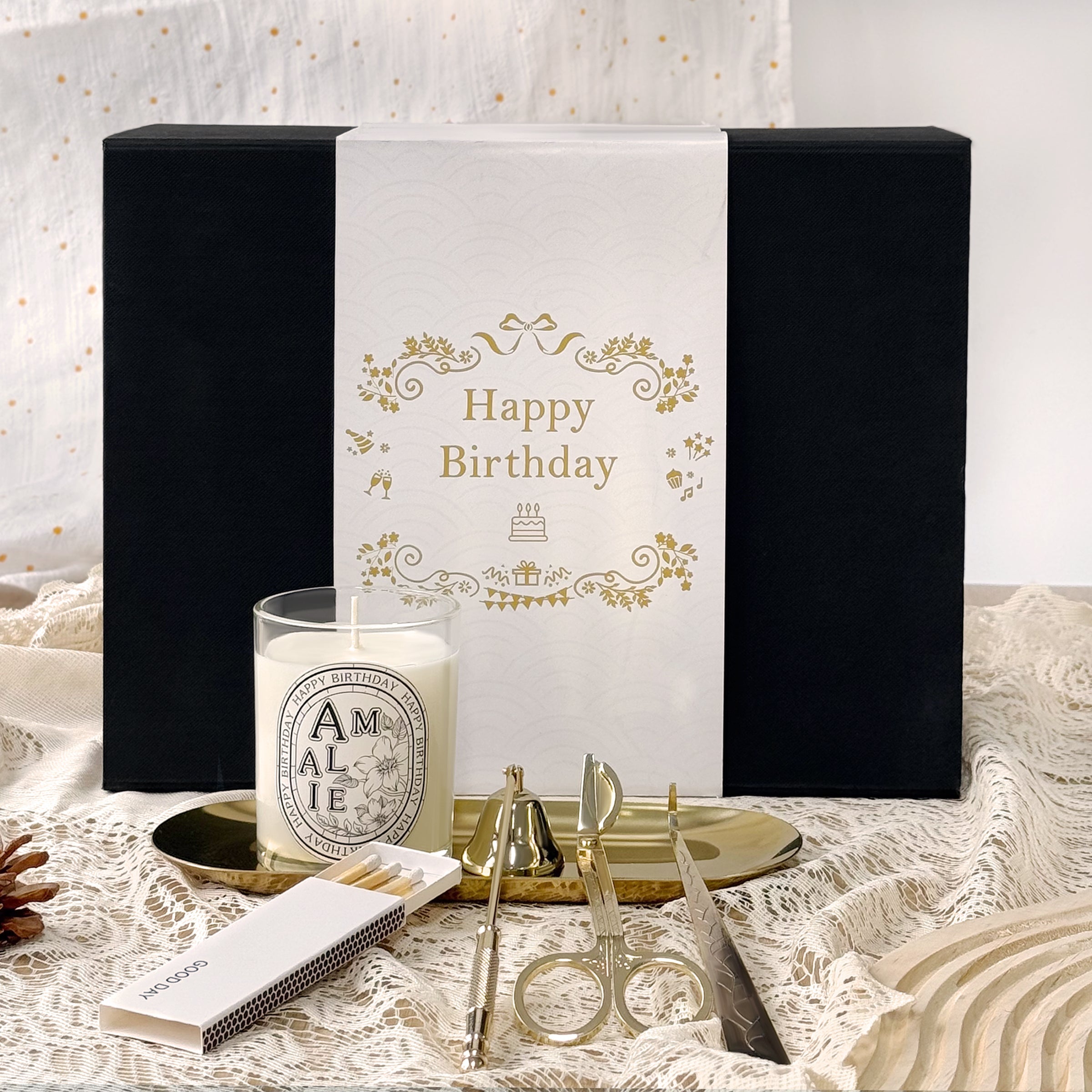 Romantic Scented Candle Gift Set | Freesia Fragrance with Customizable Candle Labels - Premium Accessories Including Candle Snuffer, Bell & Wick Trimmer. The Perfect Ceremonial Gift for Couples, Friends' Birthdays & Anniversaries DY01-407