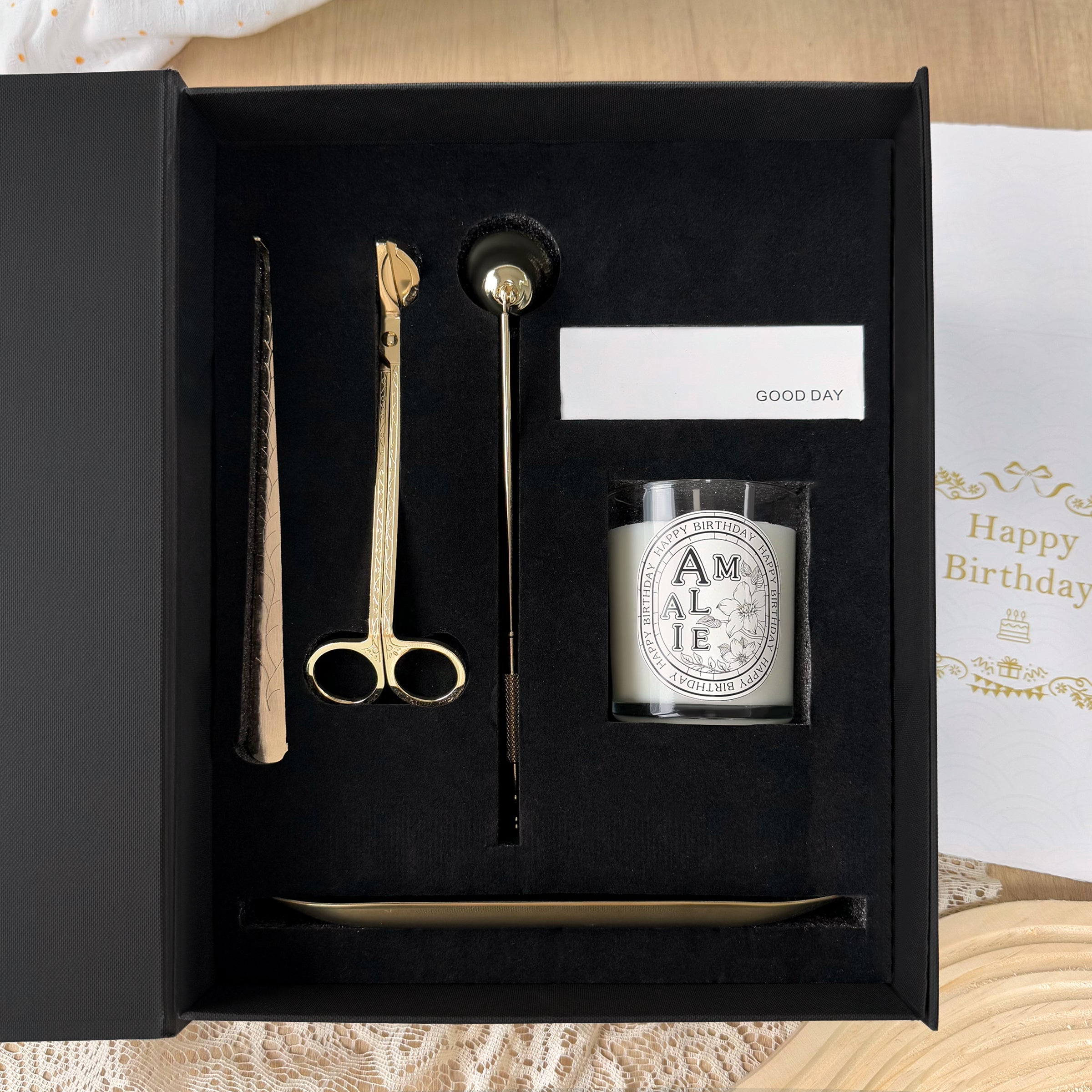 Romantic Scented Candle Gift Set | Freesia Fragrance with Customizable Candle Labels - Premium Accessories Including Candle Snuffer, Bell & Wick Trimmer. The Perfect Ceremonial Gift for Couples, Friends' Birthdays & Anniversaries DY01-407