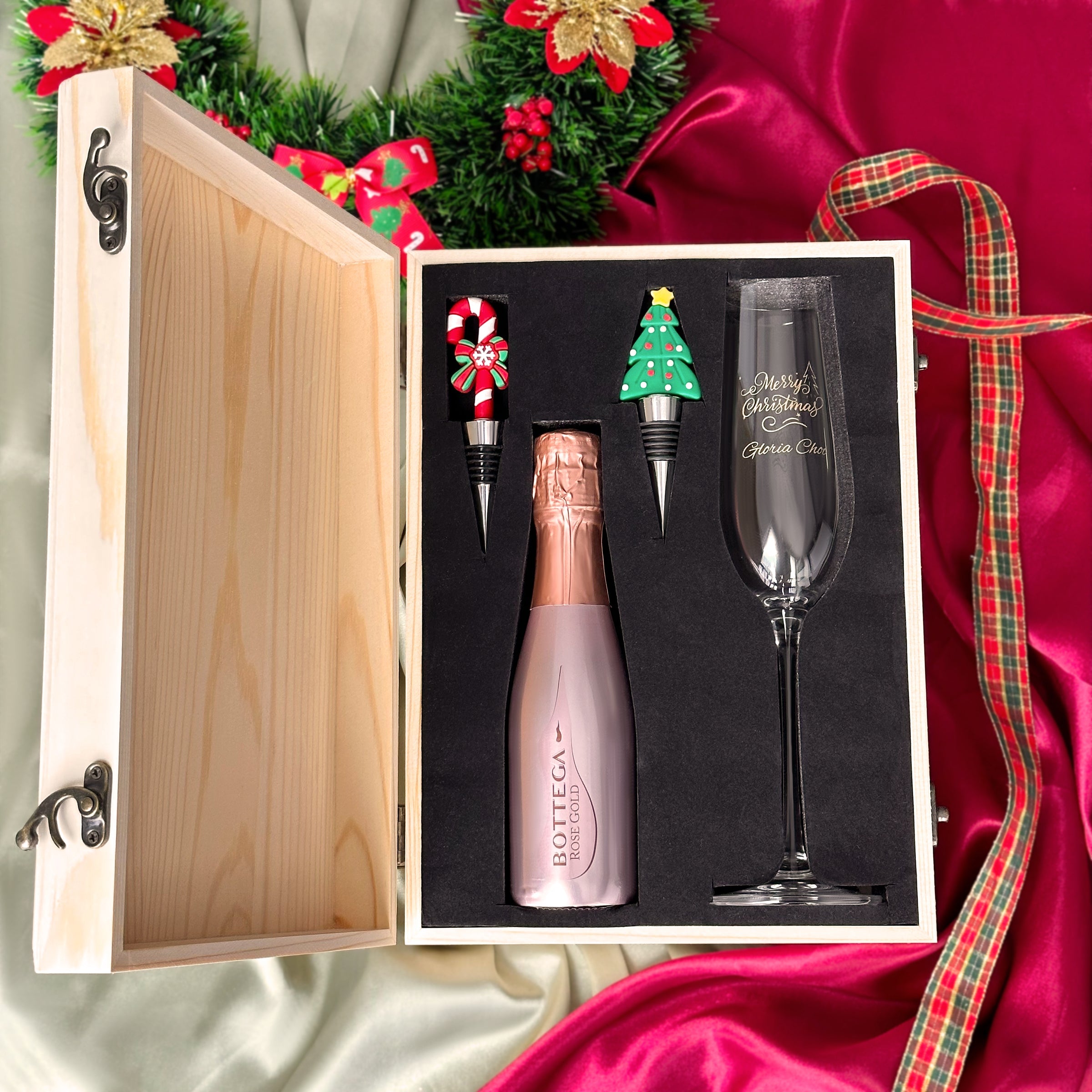 【Exclusive Wooden Box】2024 Customized Christmas Gift Mini Bottega Sparkling Wine Christmas Cork Engraved Champagne Glass Personalized Text Custom Gift Box for Female Friends, Exchange Gifts, Party Gifts DY05-55