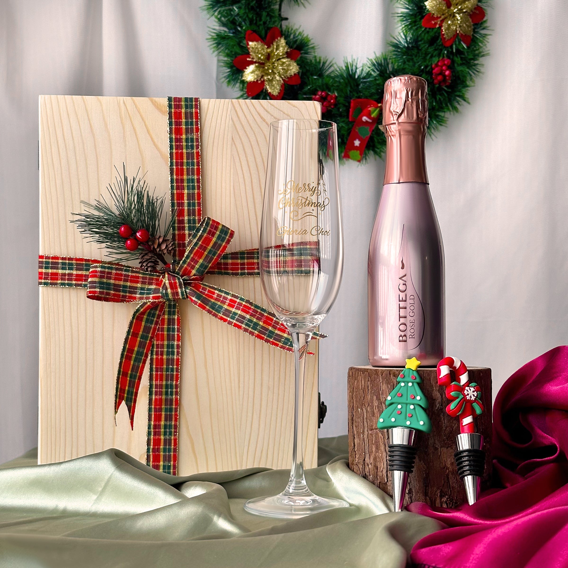 【Exclusive Wooden Box】2024 Customized Christmas Gift Mini Bottega Sparkling Wine Christmas Cork Engraved Champagne Glass Personalized Text Custom Gift Box for Female Friends, Exchange Gifts, Party Gifts DY05-55