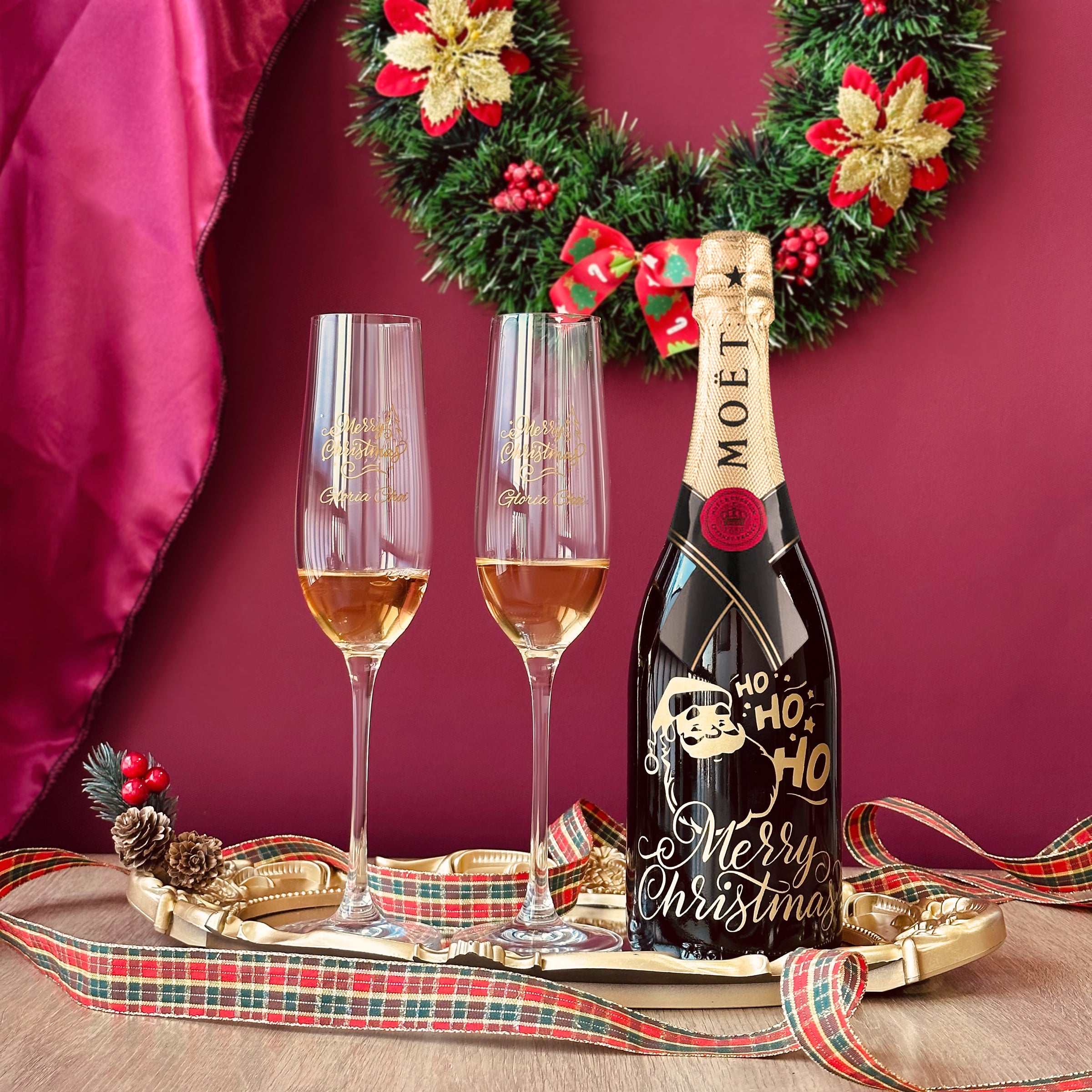 【Champagne Gift Box】2024 Christmas Champagne Gift Box Moët & Chandon Champagne with Pair of Glasses Set Custom Engraved Champagne Glasses Christmas Celebration Gift Name Custom Engraving Gift for Couples