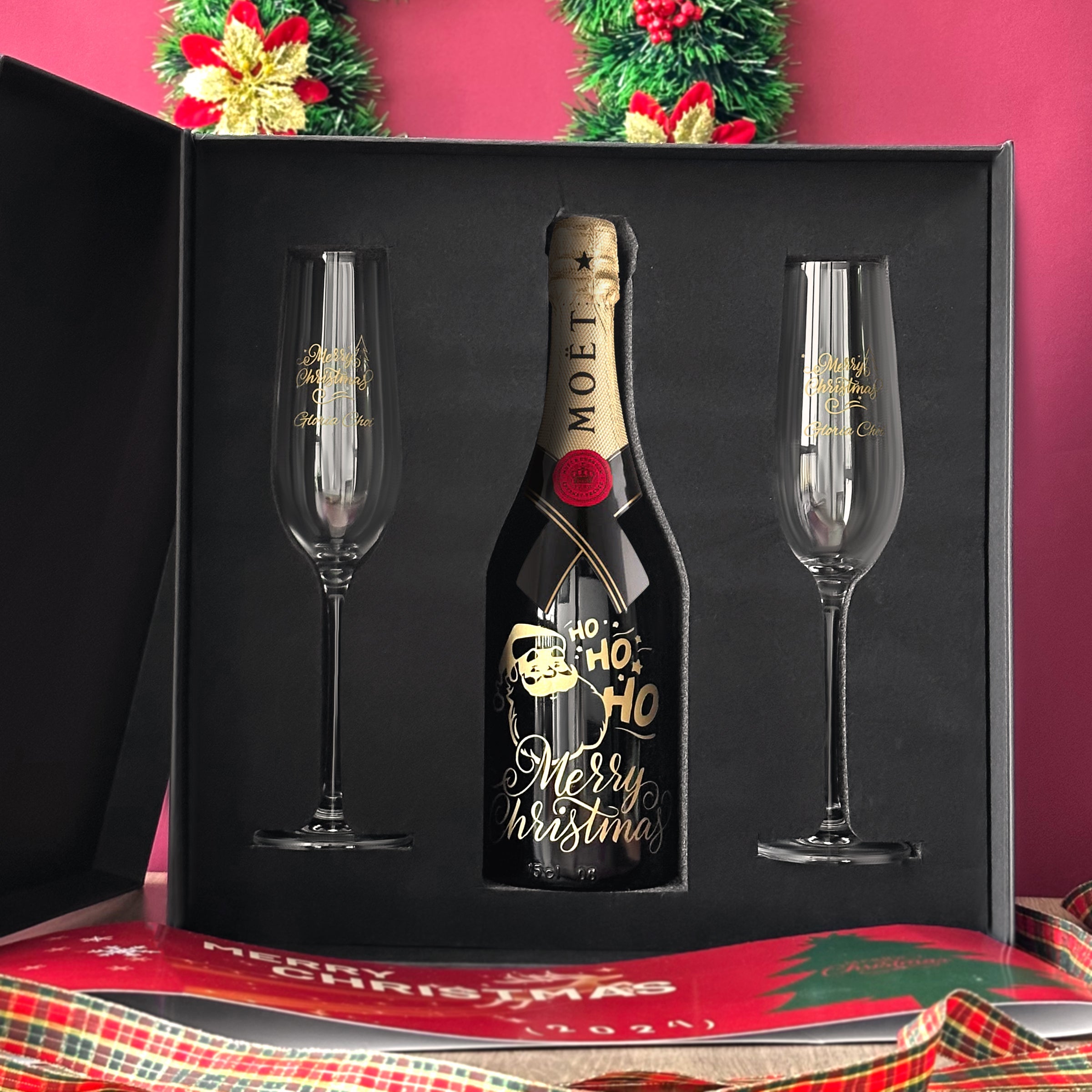 【Champagne Gift Box】2024 Christmas Champagne Gift Box Moët & Chandon Champagne with Pair of Glasses Set Custom Engraved Champagne Glasses Christmas Celebration Gift Name Custom Engraving Gift for Couples