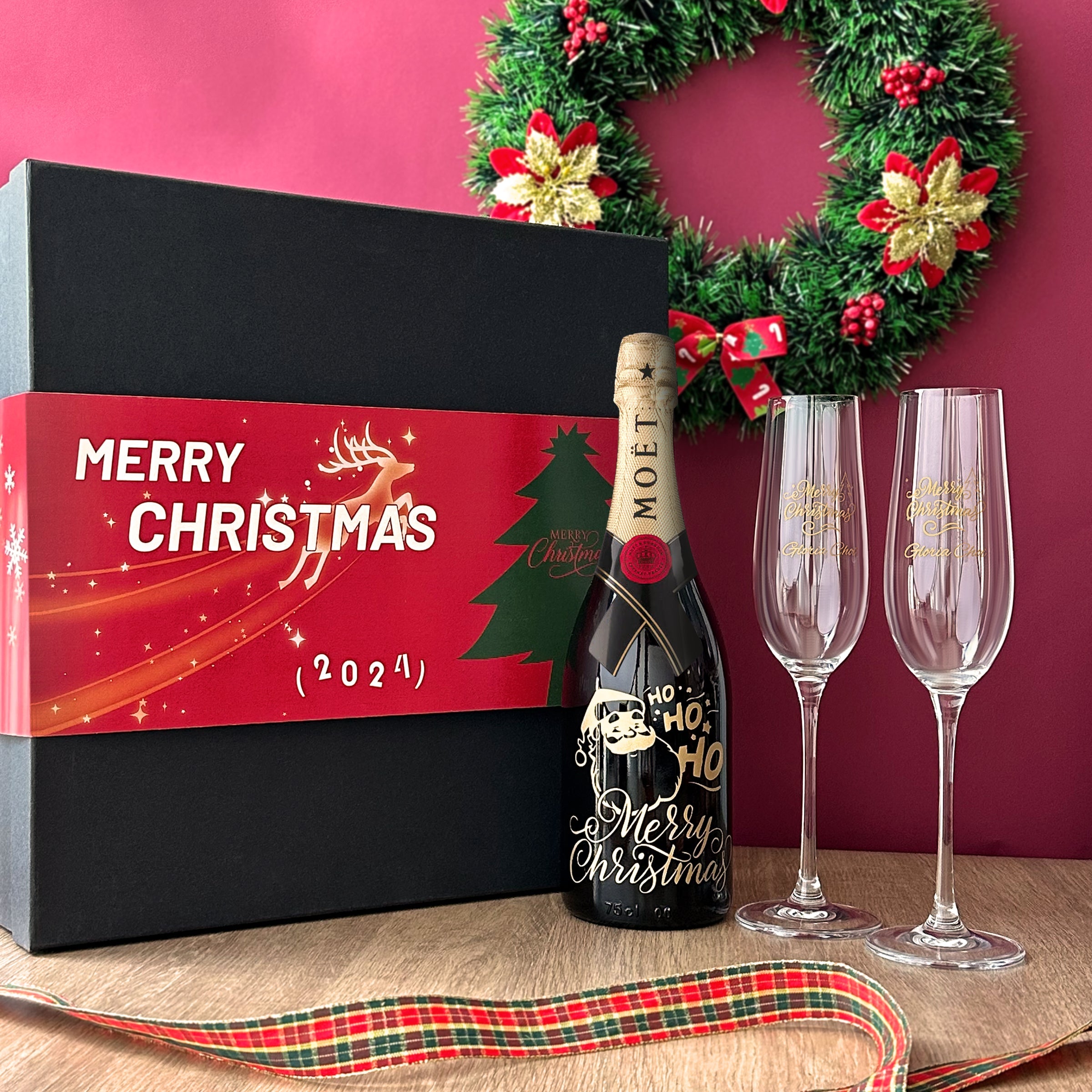 【Champagne Gift Box】2024 Christmas Champagne Gift Box Moët & Chandon Champagne with Pair of Glasses Set Custom Engraved Champagne Glasses Christmas Celebration Gift Name Custom Engraving Gift for Couples