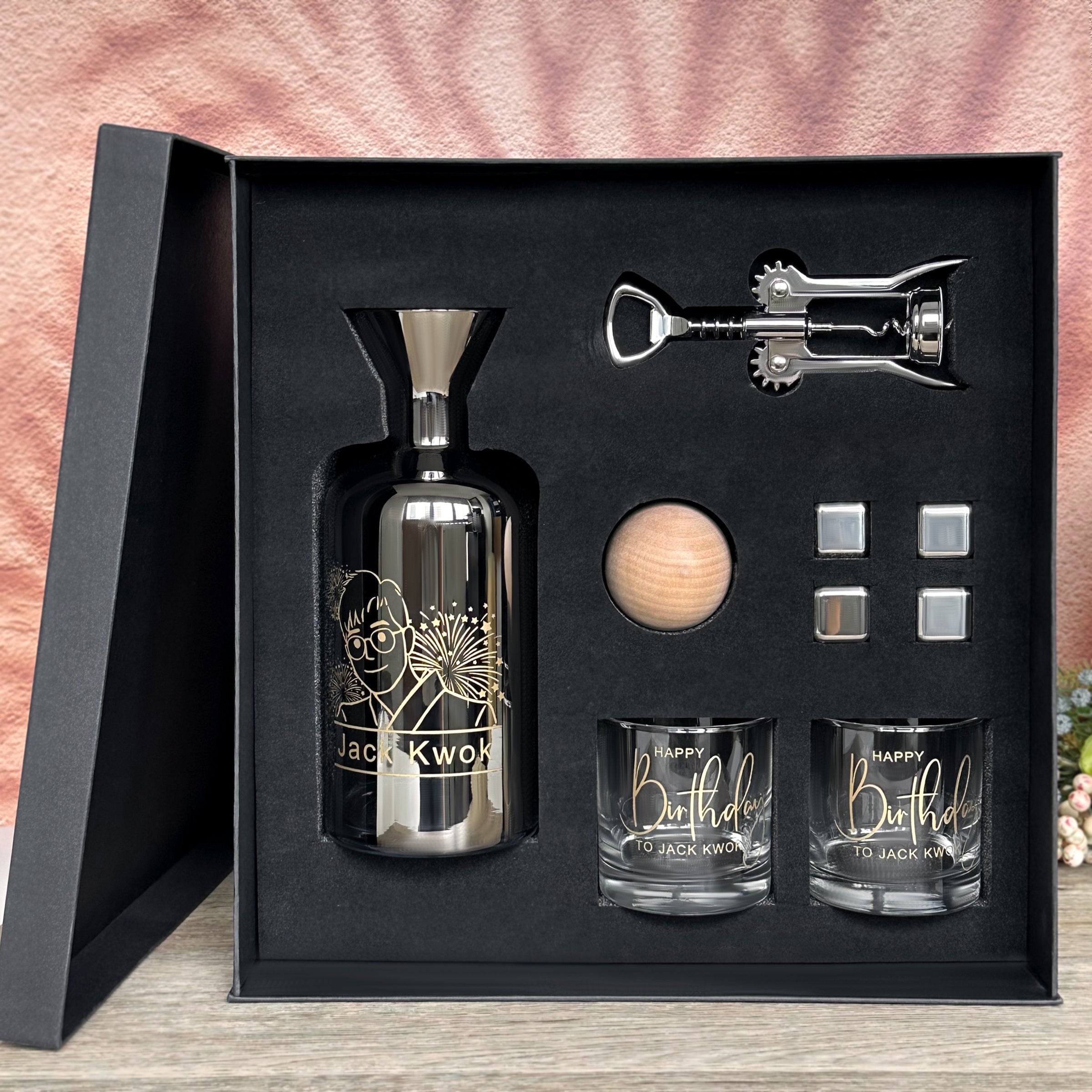 Customized birthday gift box, creative portrait engraving, blessing set, home cold kettle, decanter, name customization, business gifts, promotion and retirement birthday congratulations company--wine bottle set-DY04-275