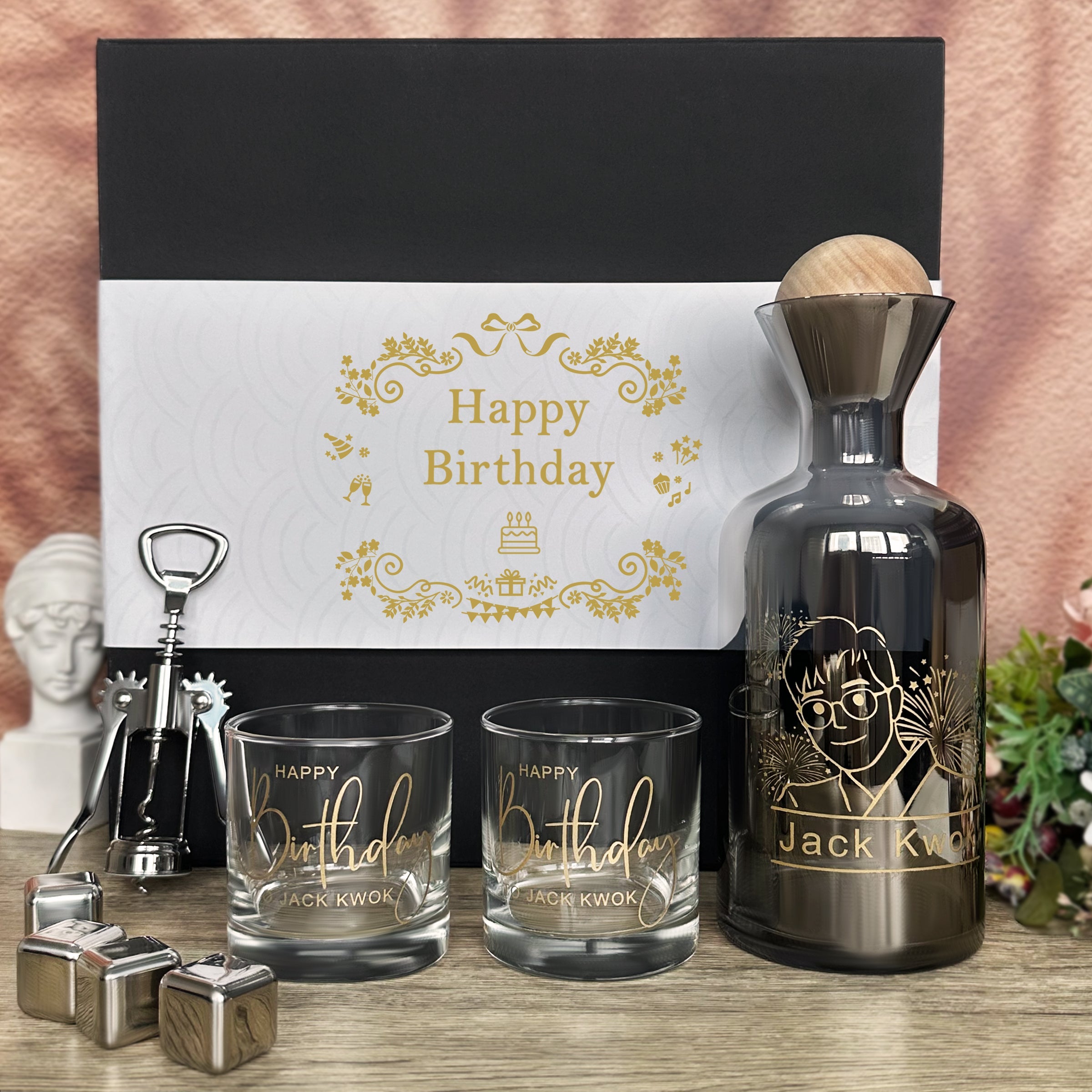 Customized birthday gift box, creative portrait engraving, blessing set, home cold kettle, decanter, name customization, business gifts, promotion and retirement birthday congratulations company--wine bottle set-DY04-275