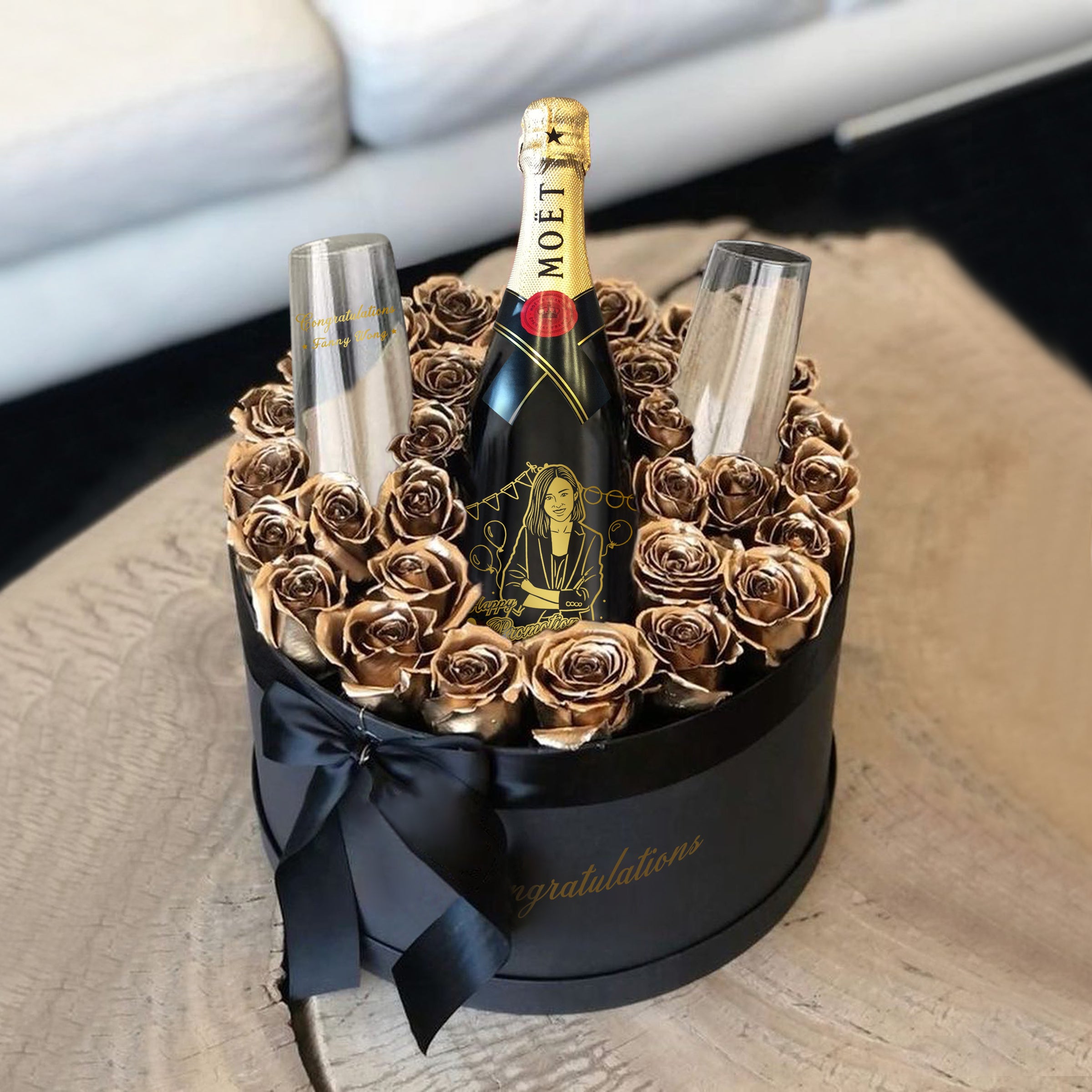 Eternal Flower Gift Box|Customized Moet Champagne Birthday Gift Engraving Gift (Portrait Carving Customization) Commemorative Gift