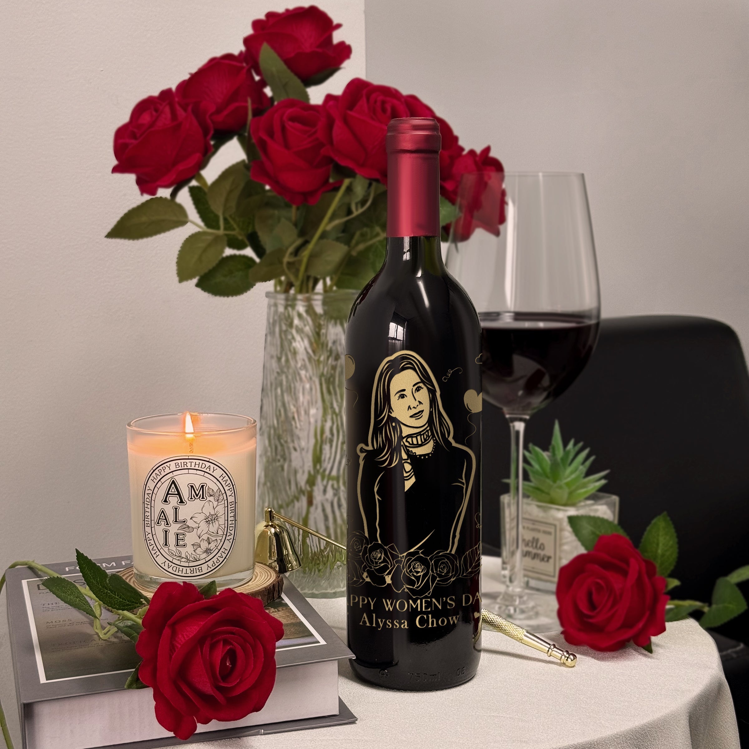 International Women's Day Gift Recommendation Customized portrait red wine gift box Aromatherapy candle sticker Customized name set Elegant and high-end gift for girls Birthday surprise customized gift Red wine aromatherapy gift set DY05-62
