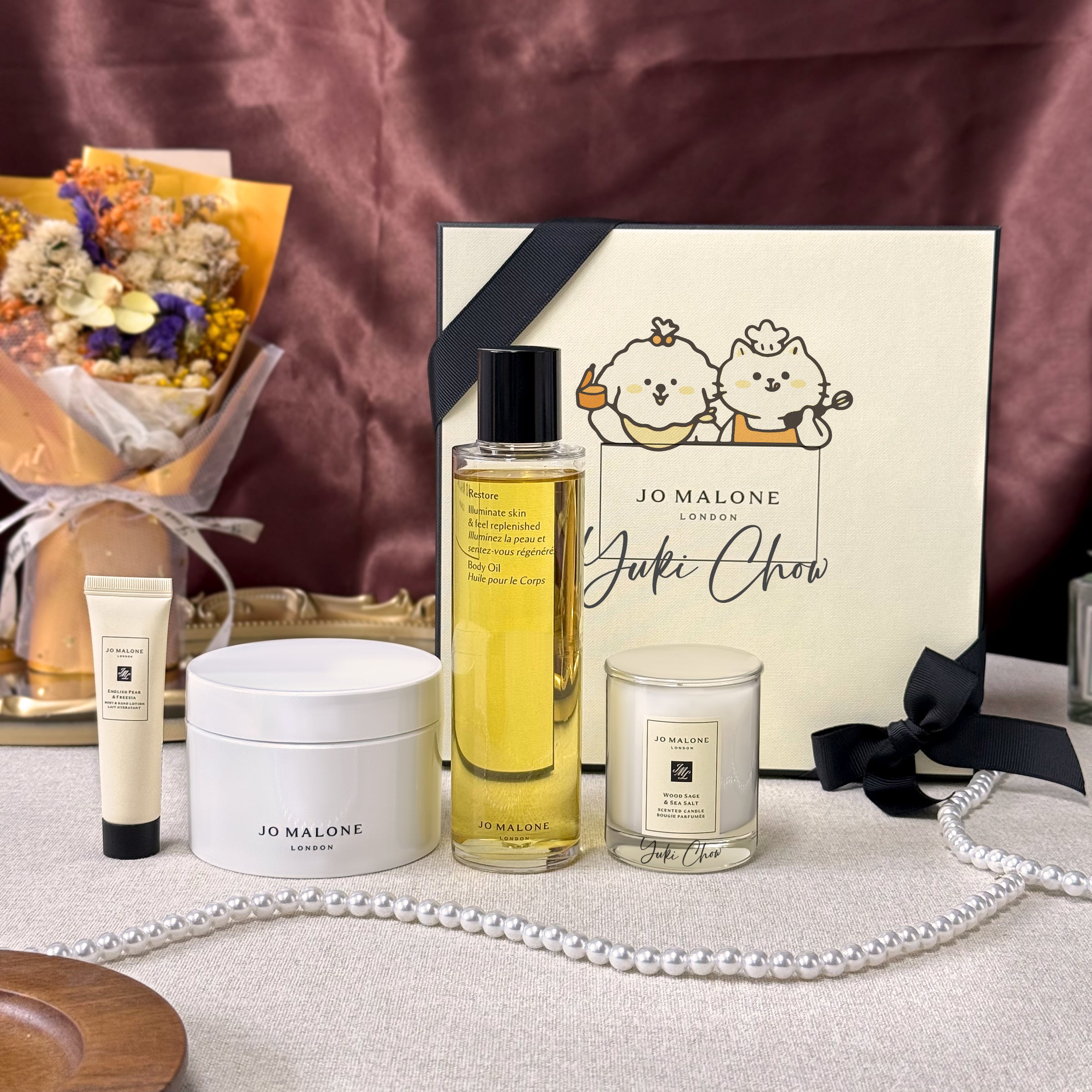 Jo Malone Body Restore Set - 'Let fragrance heal every day' with custom box design and personalized portrait illustration. A surprise gift for her birthday gift for girlfriend