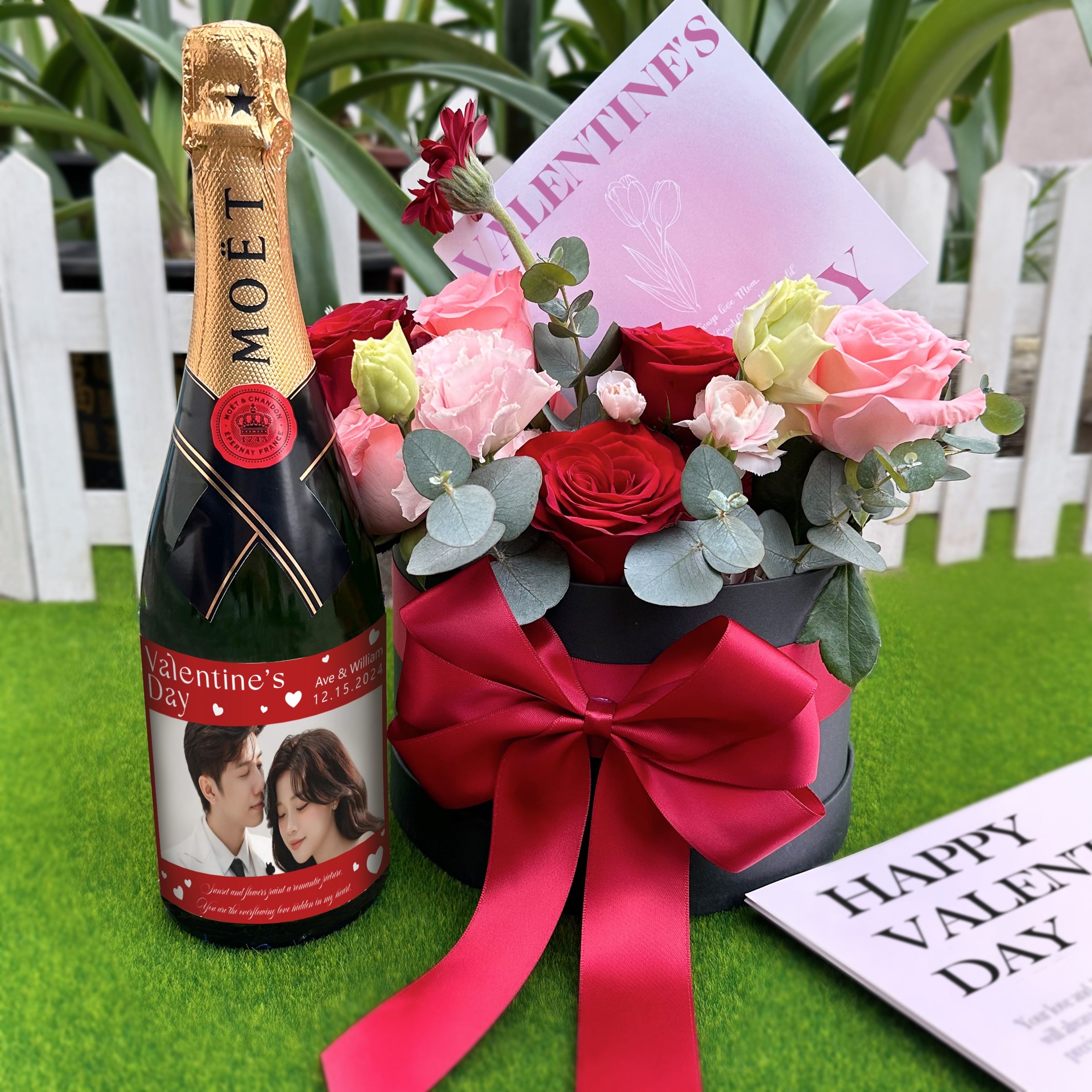 Valentine's Day Gift Box | Elegant Rose Box with Custom Moët Champagne Gift Basket Romantic Flower Gift for Valentine's Day - Perfect for Your Wife DY05-59