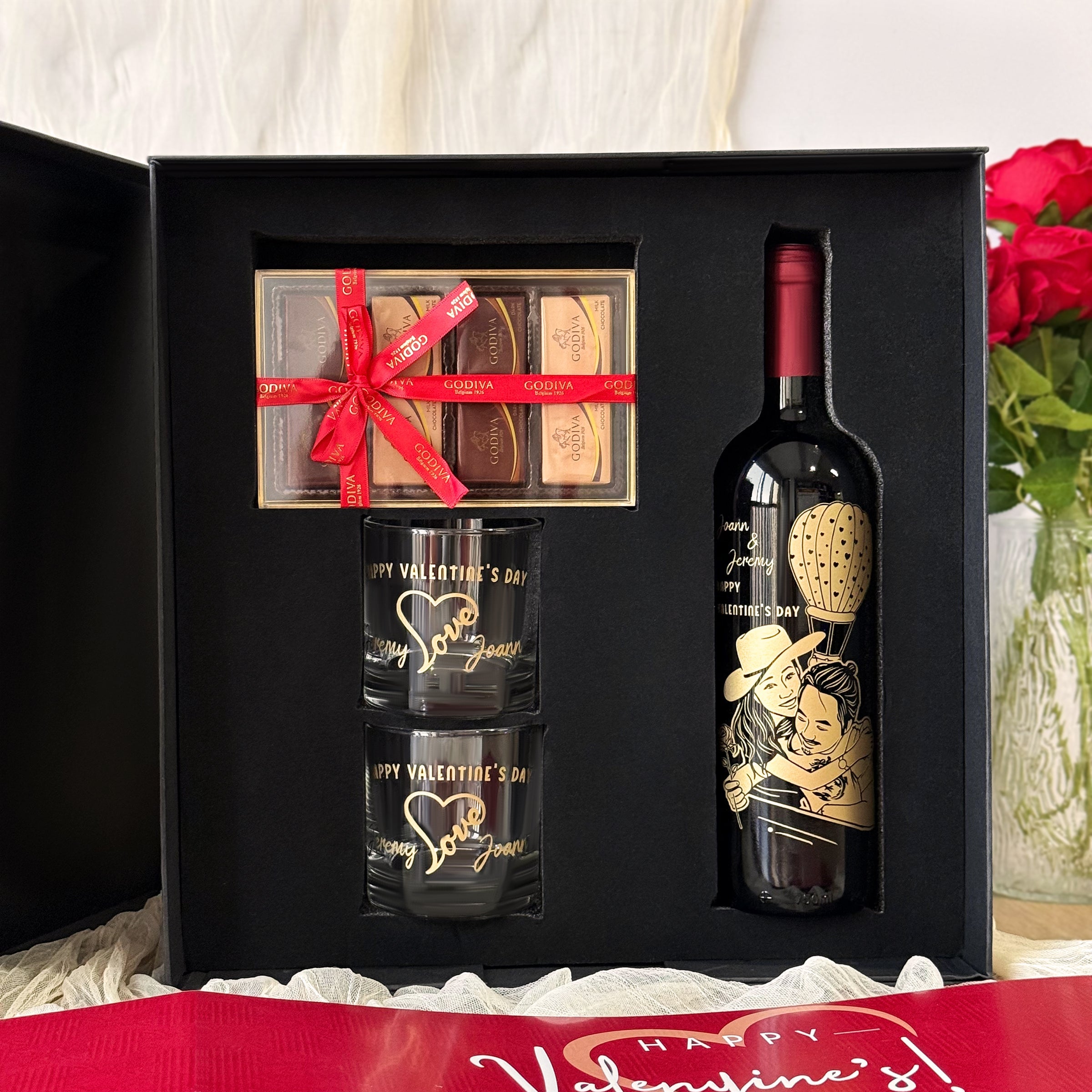Valentine's Day Gift Set - Red Wine Engraving Gift (Customized) with 2-Person Portrait Engraving, Customized Wine Glasses, Romantic Portrait Customization, Qixi Anniversary Gift for Girlfriend/Wife - DY05-59