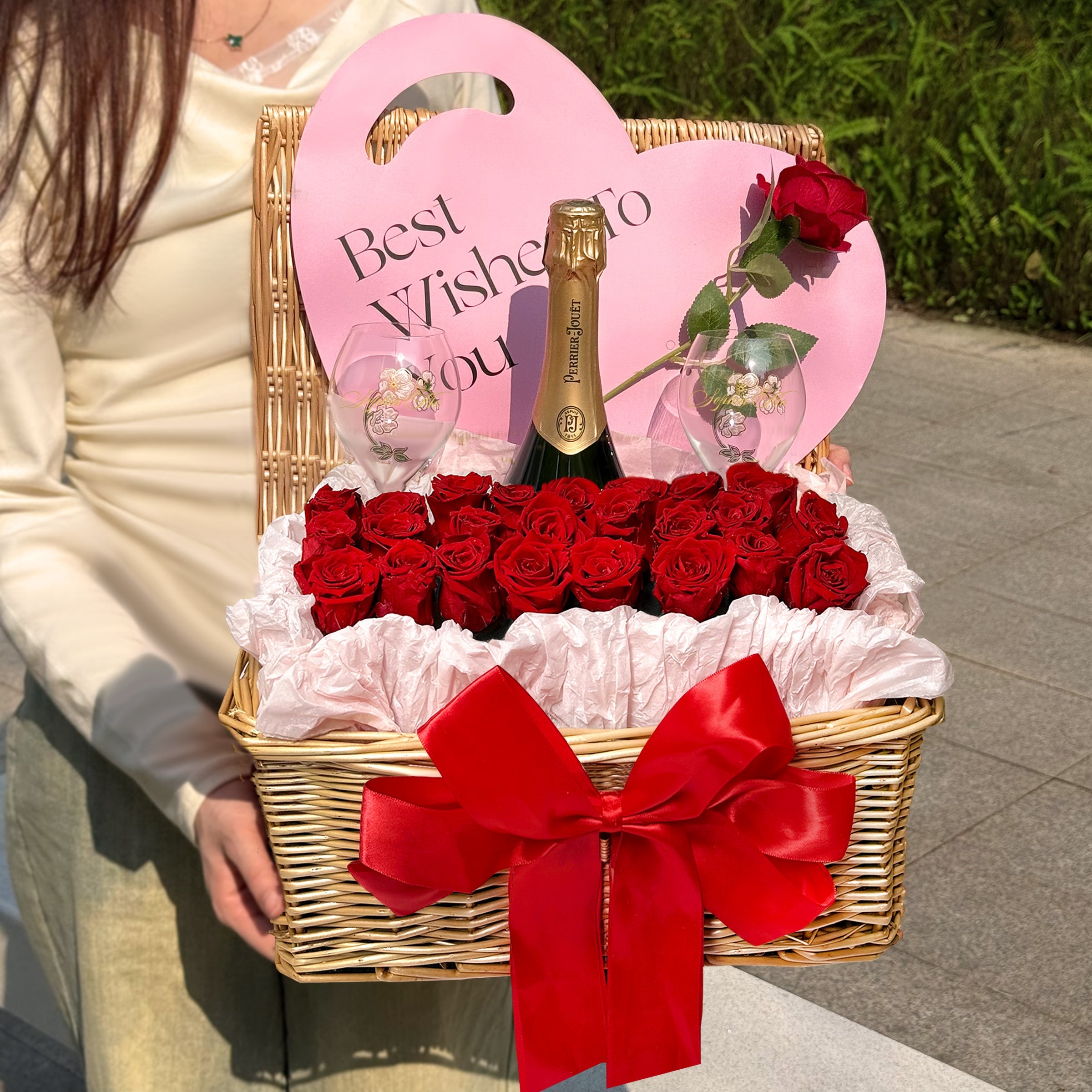 Mother's Day Champagne Gift Basket - Perrier-Jouët Champagne with Custom Portrait, Personalized Text, and Preserved Flower Arrangement. A Exclusive Romantic Gift to Thank Mother's Love Preserved Flowers Gift Basket DY05-63