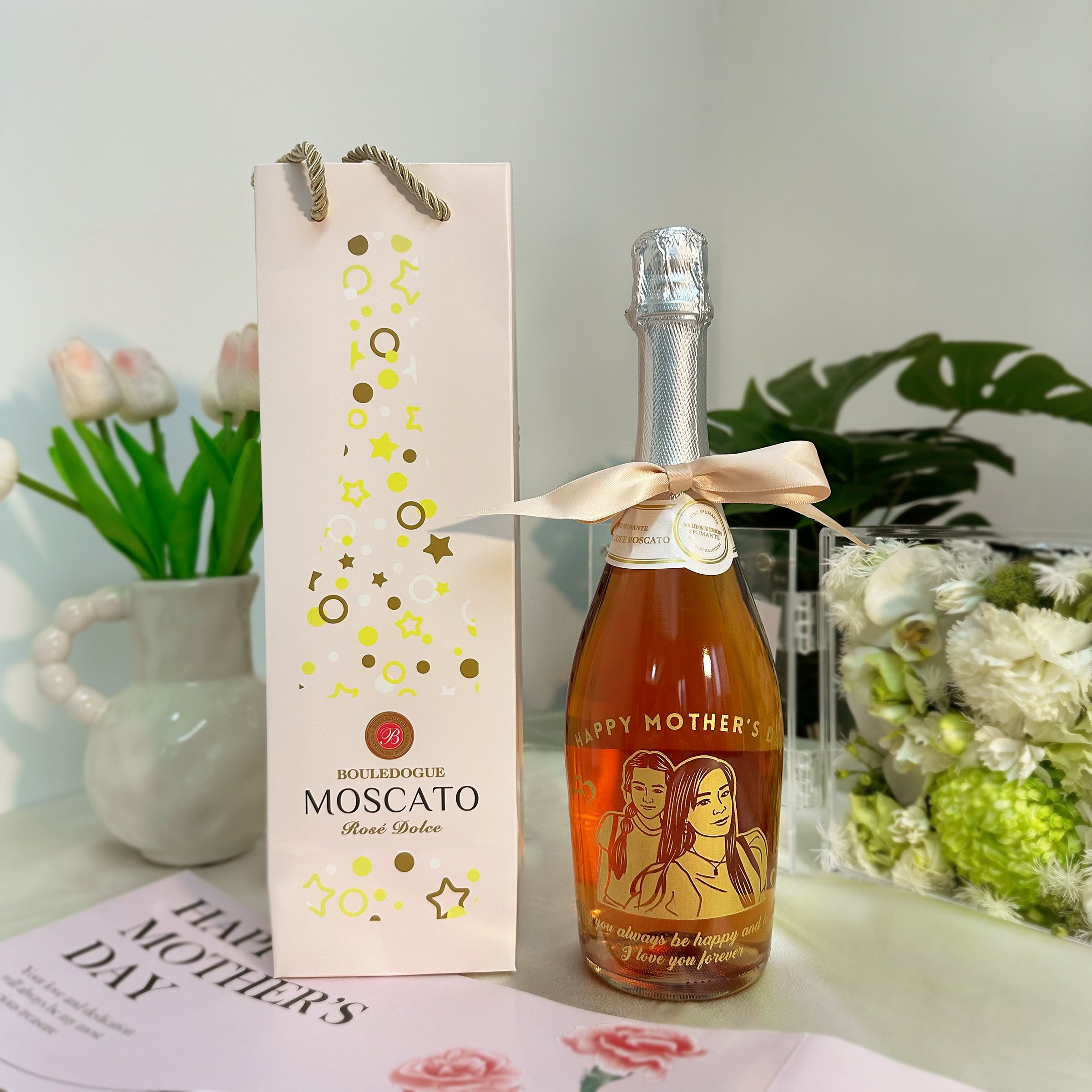 Mother's Day Gift丨 Pink Sparkling Wine Customized Engraved Portrait Pink Gift Box Romantic Girl Gives to Wife and Mom