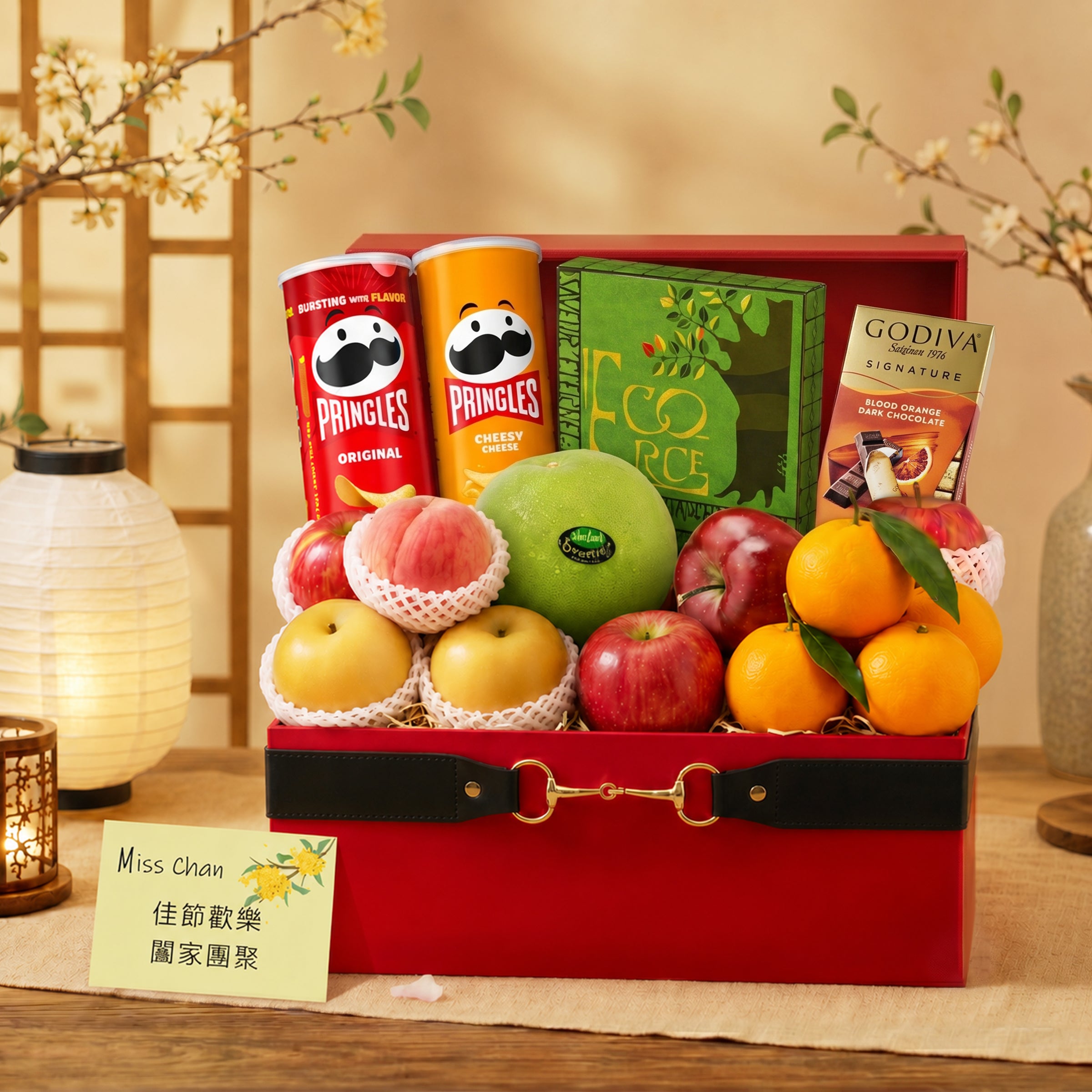 Mid-Autumn Festival Hamper: A stylish gift featuring seasonal imported fruits paired with popular snacks—perfect for gifting to clients, relatives, friends, or elders, and ideal for enjoying while moon-gazing.