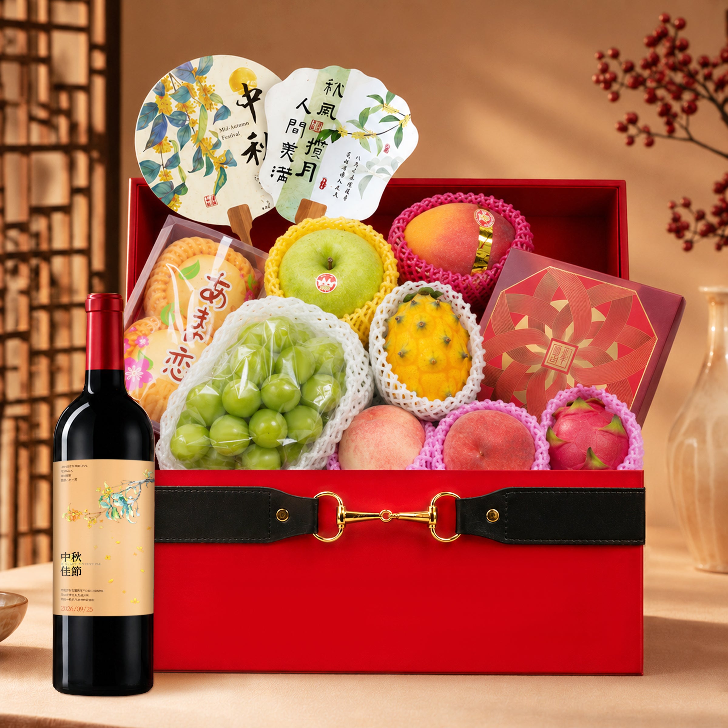 Mid-Autumn Festival Gift Hamper: Imported Fresh Fruit & Mooncake Hamper – Featuring Popular Mooncakes, Seasonal Fruits, and Custom Red Wine. The Perfect Gift Basket for Clients, Relatives, Friends, and Elders.