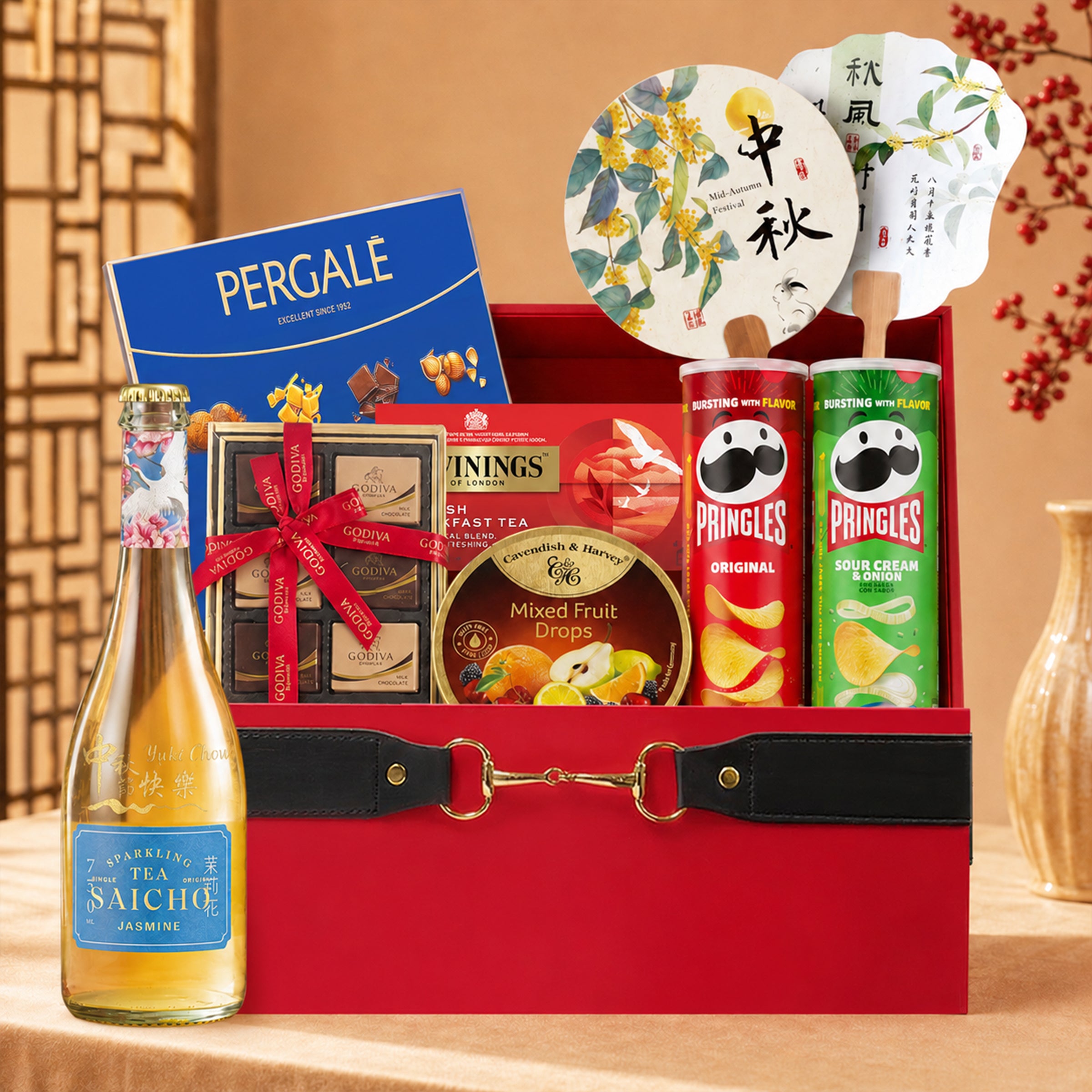 Mid-Autumn Festival Gift Hamper – A curated selection of popular snacks and sparkling tea; features customizable text on the sparkling tea. An ideal, thoughtful gift for clients, relatives, friends, and elders.