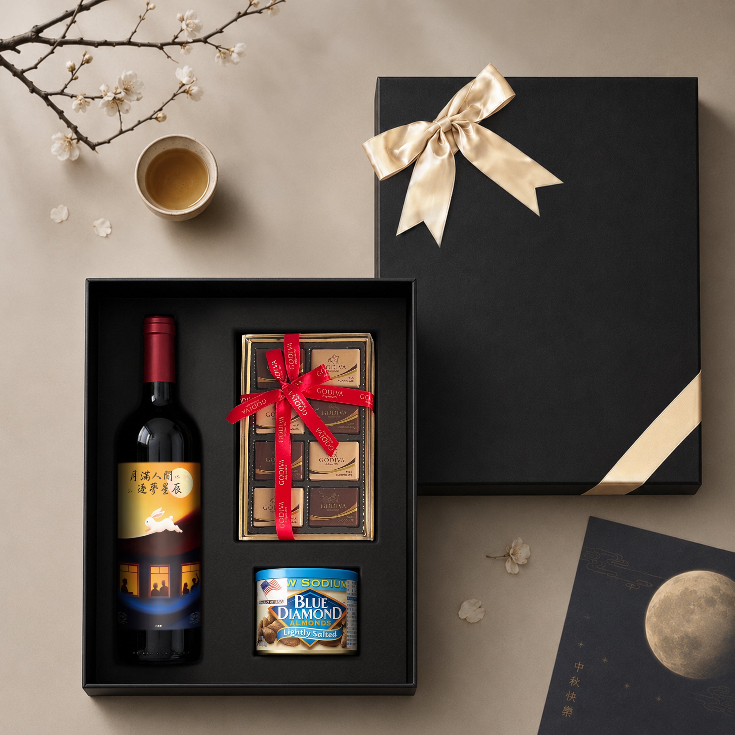 Mid-Autumn Festival Red Wine Surprise Gift Box – A curated hamper featuring snacks and personalized red wine. An ideal, thoughtful gift for clients, relatives, friends, and elders