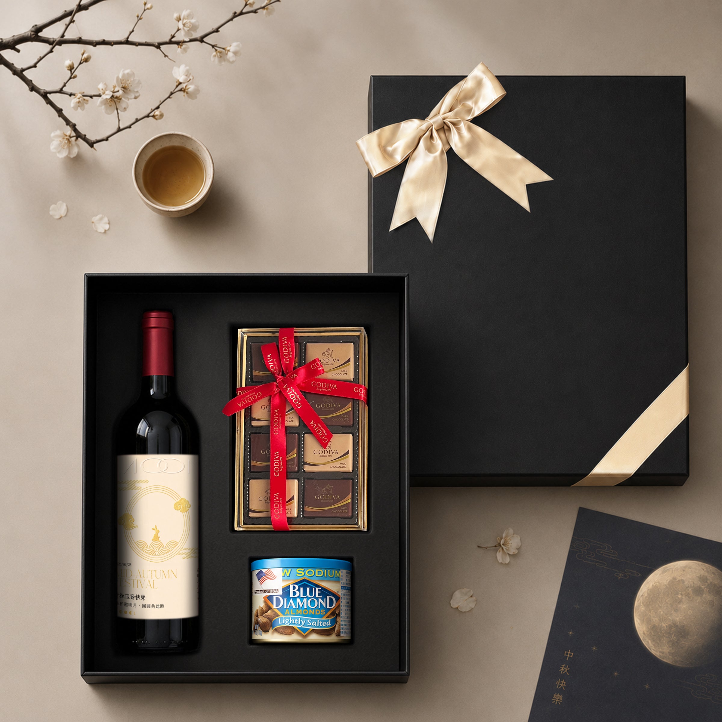 Mid-Autumn Festival Red Wine Surprise Gift Box – A curated hamper featuring snacks and personalized red wine. An ideal, thoughtful gift for clients, relatives, friends, and elders