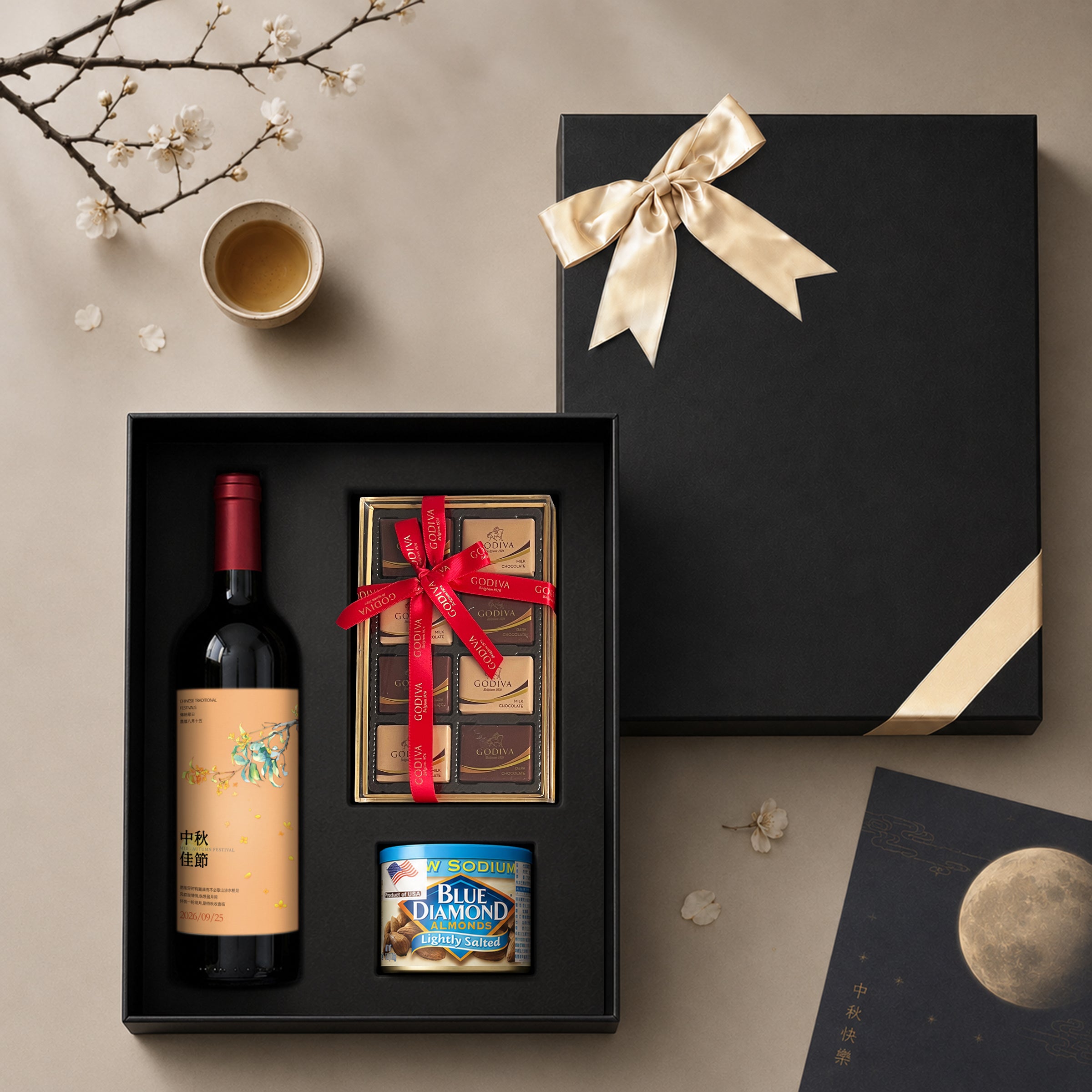 Mid-Autumn Festival Red Wine Surprise Gift Box – A curated hamper featuring snacks and personalized red wine. An ideal, thoughtful gift for clients, relatives, friends, and elders